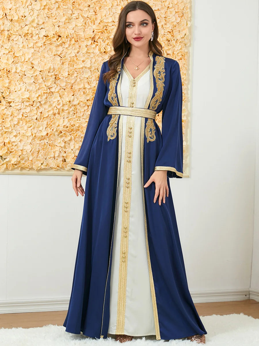 Muslim Fashion Two Piece Jilbab Robe Appliques Winter Abaya And Vest Long Dress Overgarments Islamic Women Moroccan Caftan Rayal Blue Abaya Set