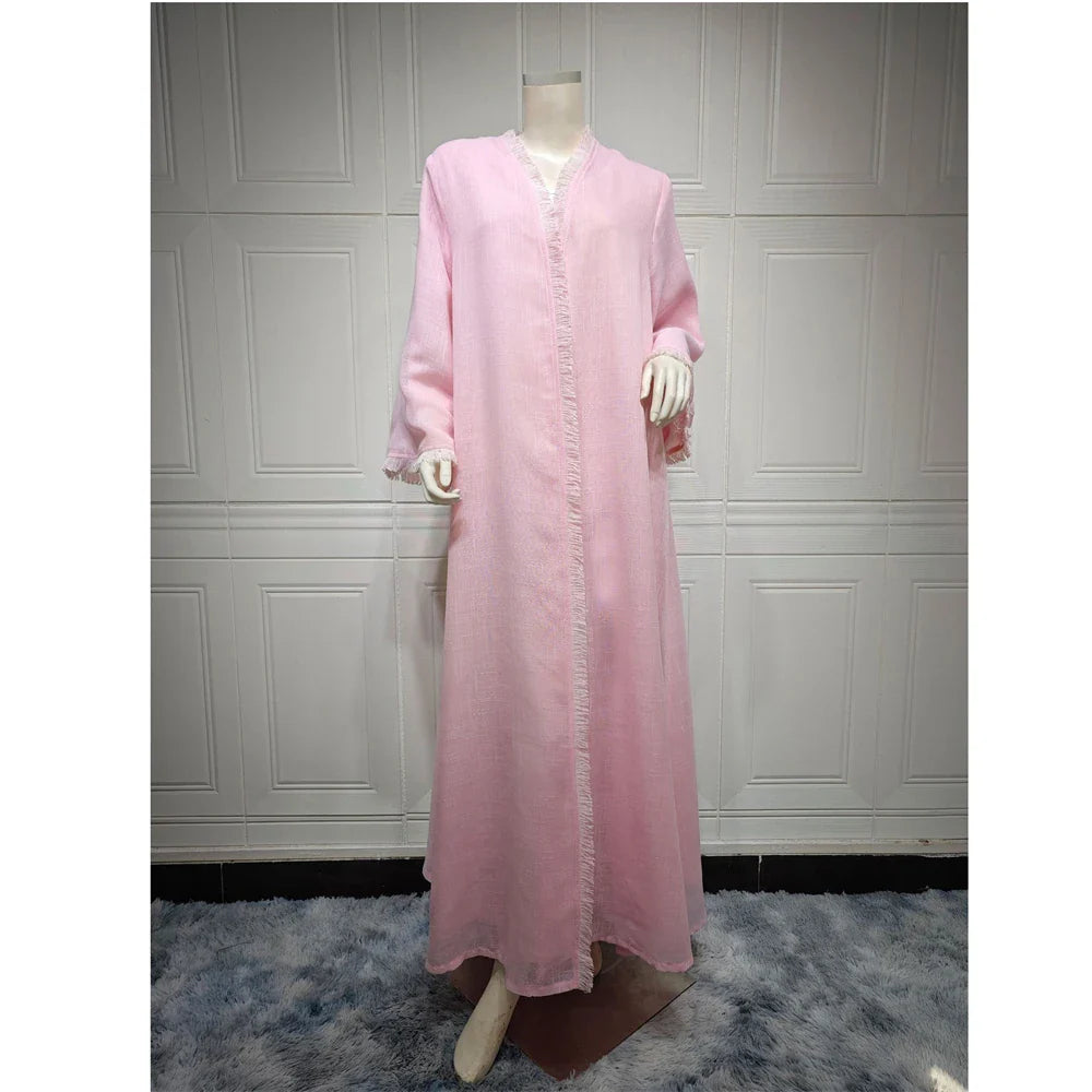 Eid Party Ramadan Abaya Muslim Women Open Cardigan Maxi Dresses Turkey Kaftan Arab Kimono Long Robe Dubai Islam Morocco Jalabiya Pink