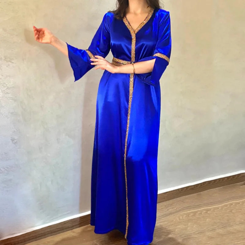 Caftan Kaftan Abaya Women Ramadan Gurban V-neck Long Sleeves Women Robe Dubai Muslim Arab Wedding Abaya Fashion Women Clothing