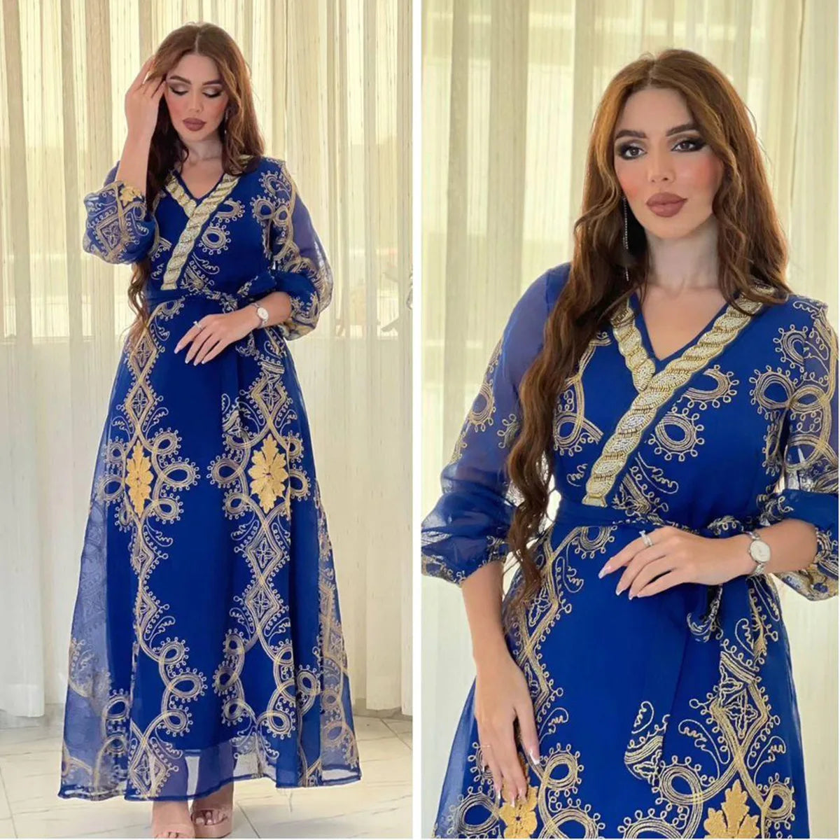 Abaya Caftan For Women Four Seasons Ramadan Gurban Festival Arab Dubai Embroiled Decal Dress Museum Robe V-neck Middle East Blue