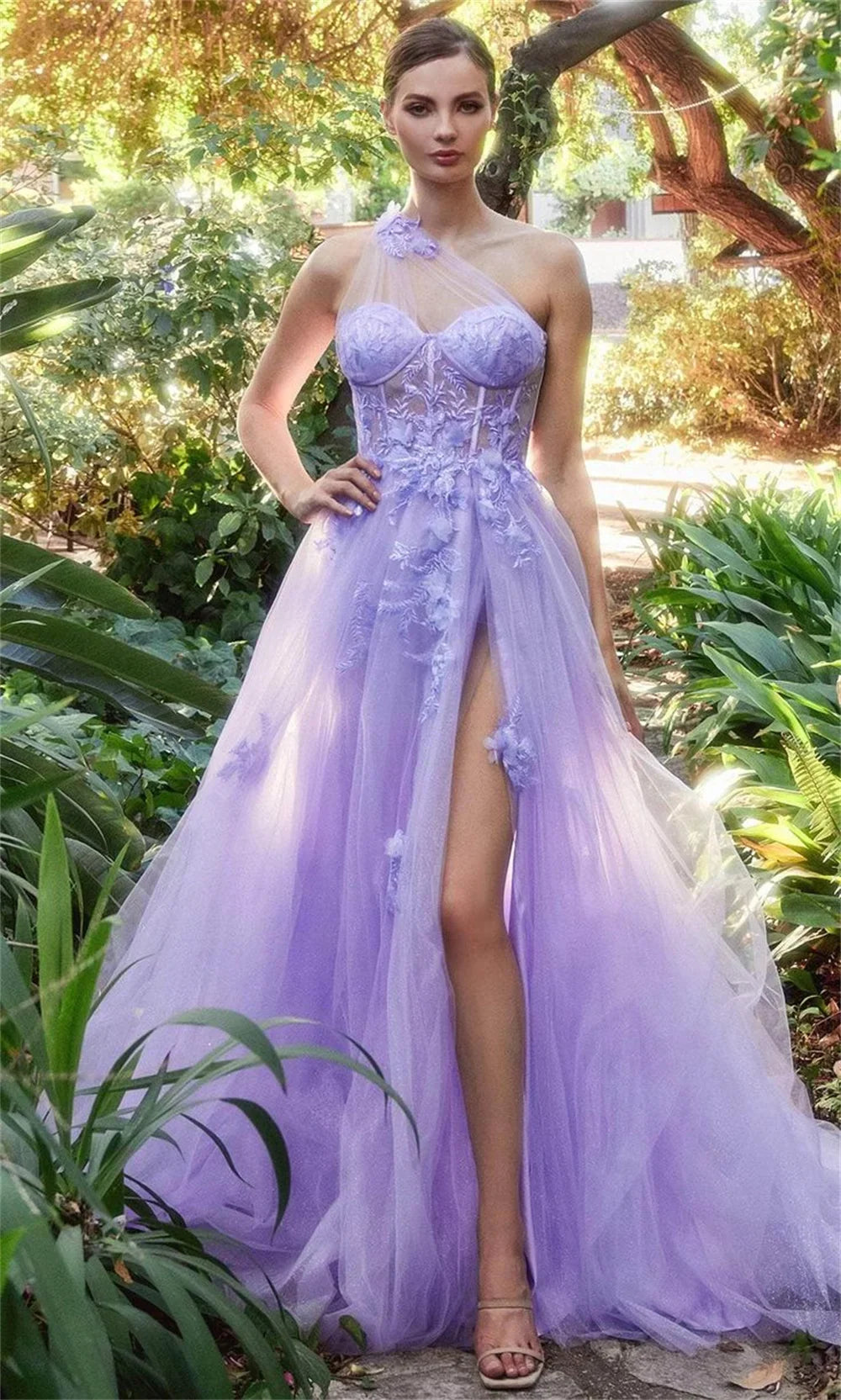 Black One Shoulder A-line فساتين سهره فاخره Lace Embroidery Side Split Tulle فساتين السهرة Sweet Flower Prom Dresses
