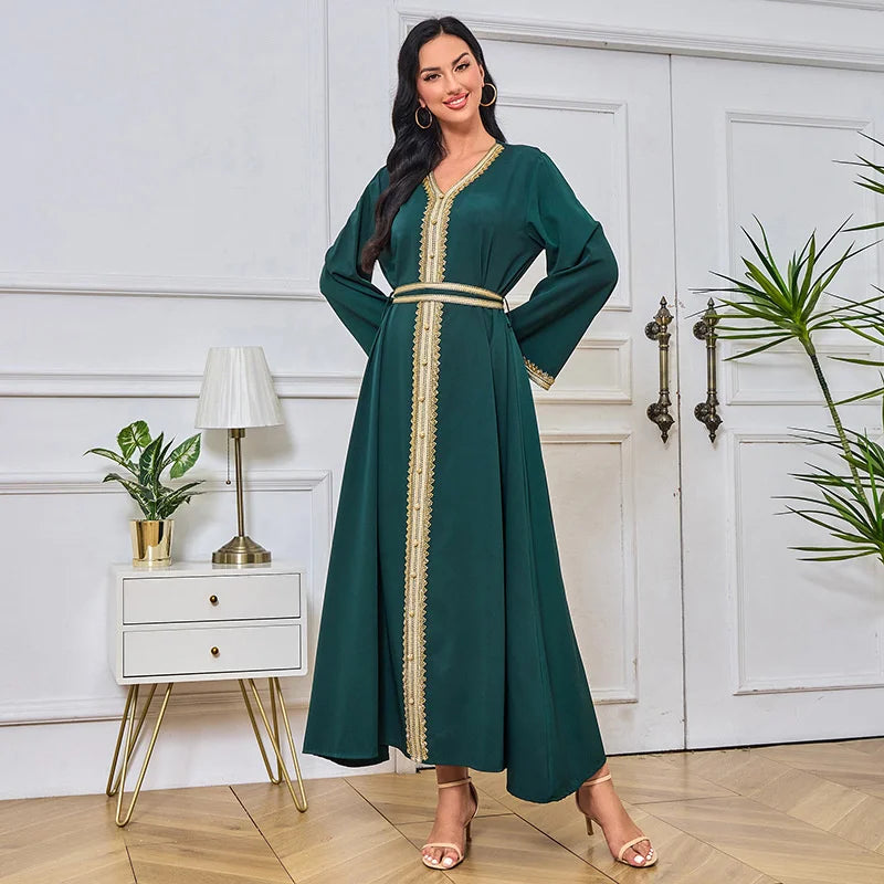 Long Dress For Prom V-neck Women Abaya Muslim Robe Gold Beaded Lace Simple Fashion Dress with Belt Casual Dubai Arab Kaftan