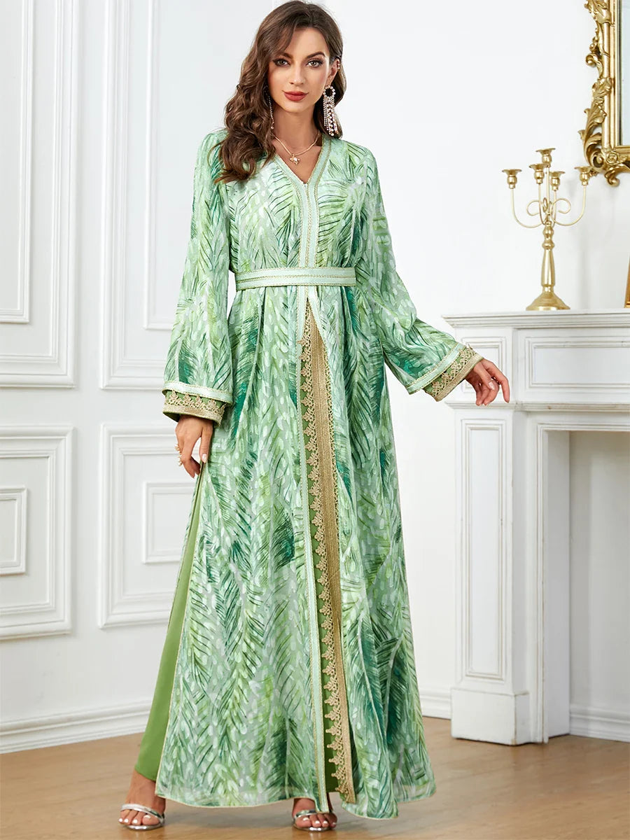 Moroccan Dress Kaftan 2 Piece Abaya Set Evening Robe Printing Full Sleeve V-Neck Islamic Caftan Ramadan Muslim Clothing Green Dress