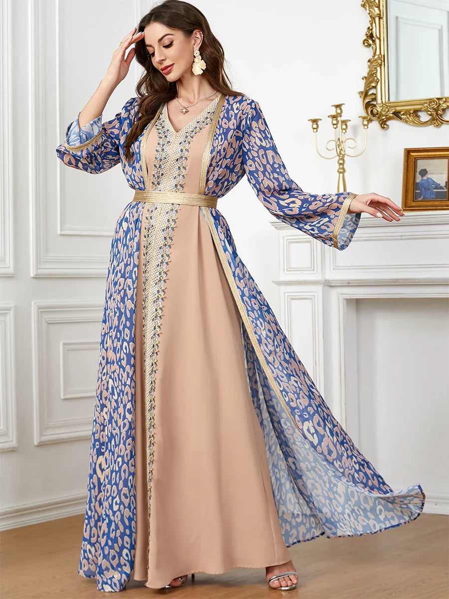 2 Pieces Abaya Set for Women Chic Lace Embroider Tape V Neck Bottom Dress & Leopard Print Belted Kimono Muslim Eid New Blue Abaya Set