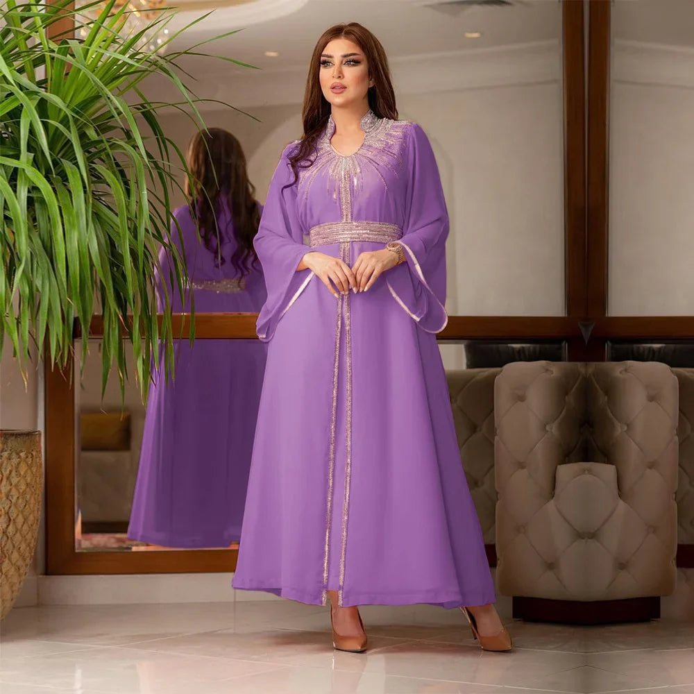 Turkish Abaya For Women Arabian Gown Moroccan Caftan Royal Women Fashion Hot Diamond Chiffon Dress With Belt Elegant V-neck Purple