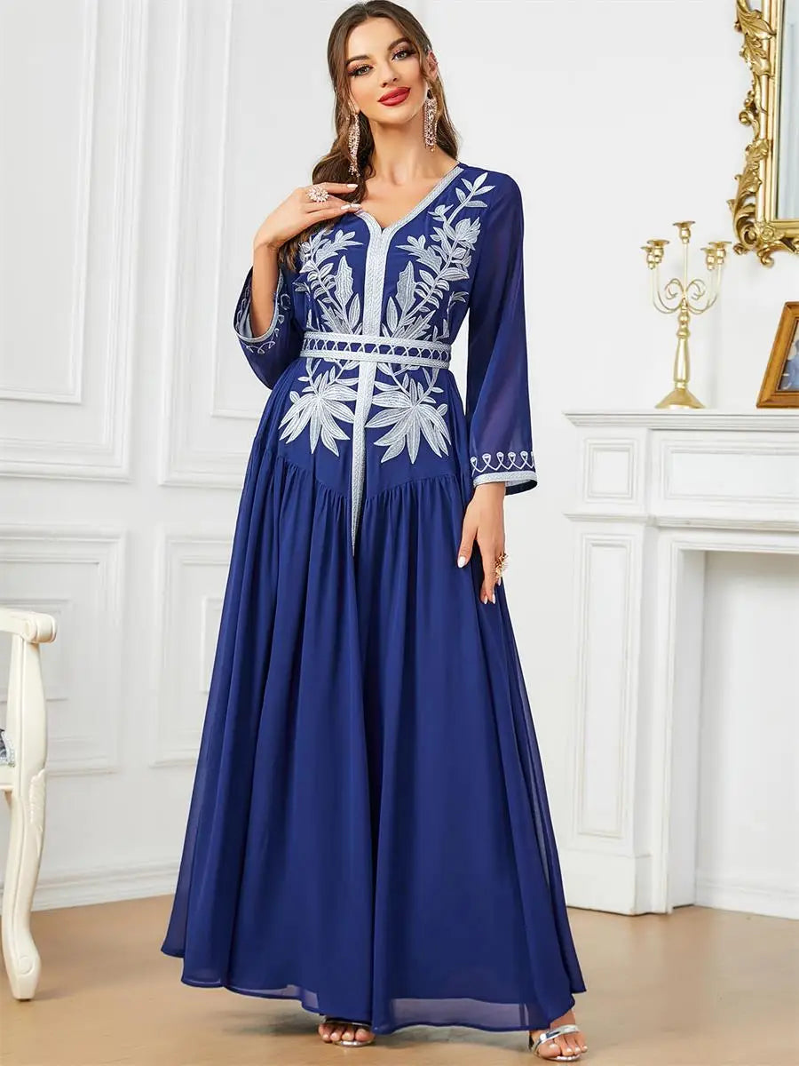 Floral Embroidery Chiffon Long Sleeve V-Neck Draped Dress With Sashes Jalabiyat Dubai African Moroccan Women Robe Blue Dress