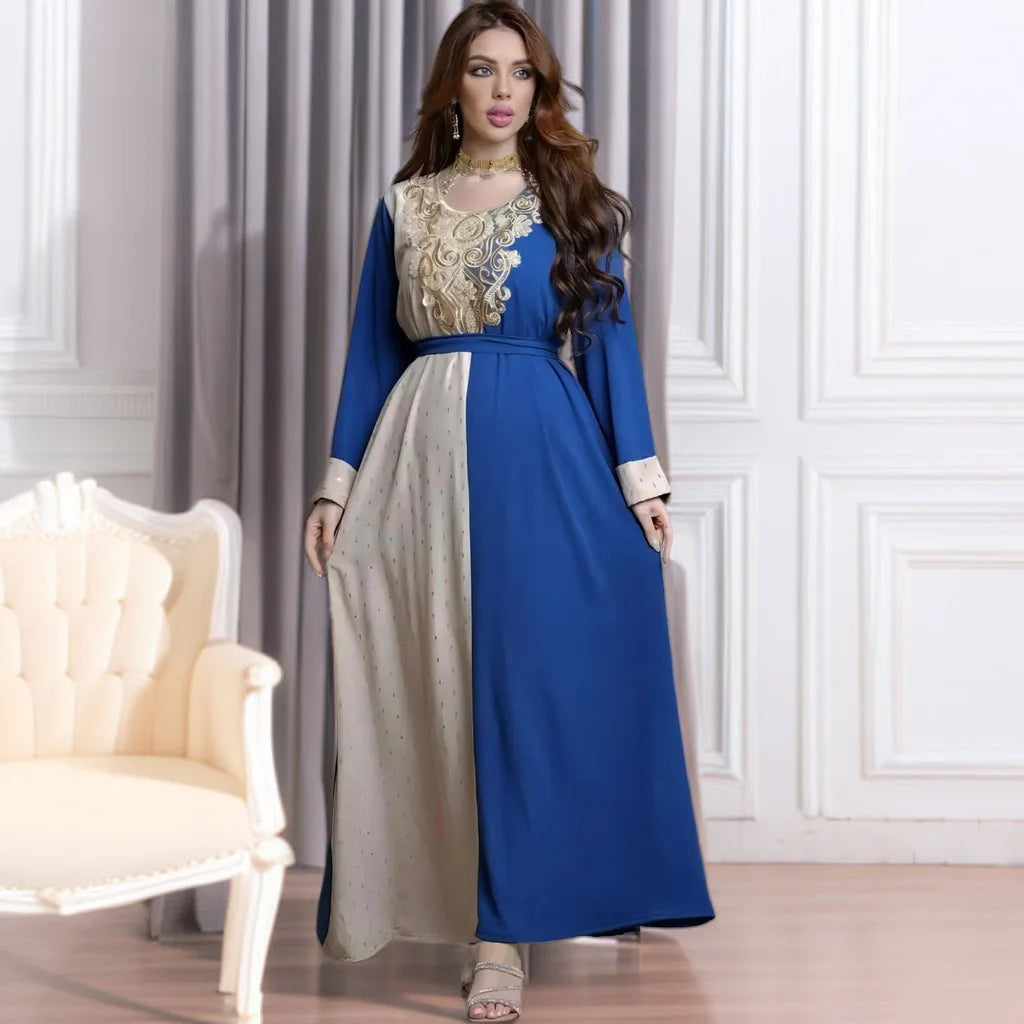 Dubai Abaya Caftan Kaftan Ramadan Gurban Festival Arabic Embroidery Decal Muslim Waist Robe Dress Middle East Wedding Abaya Blue