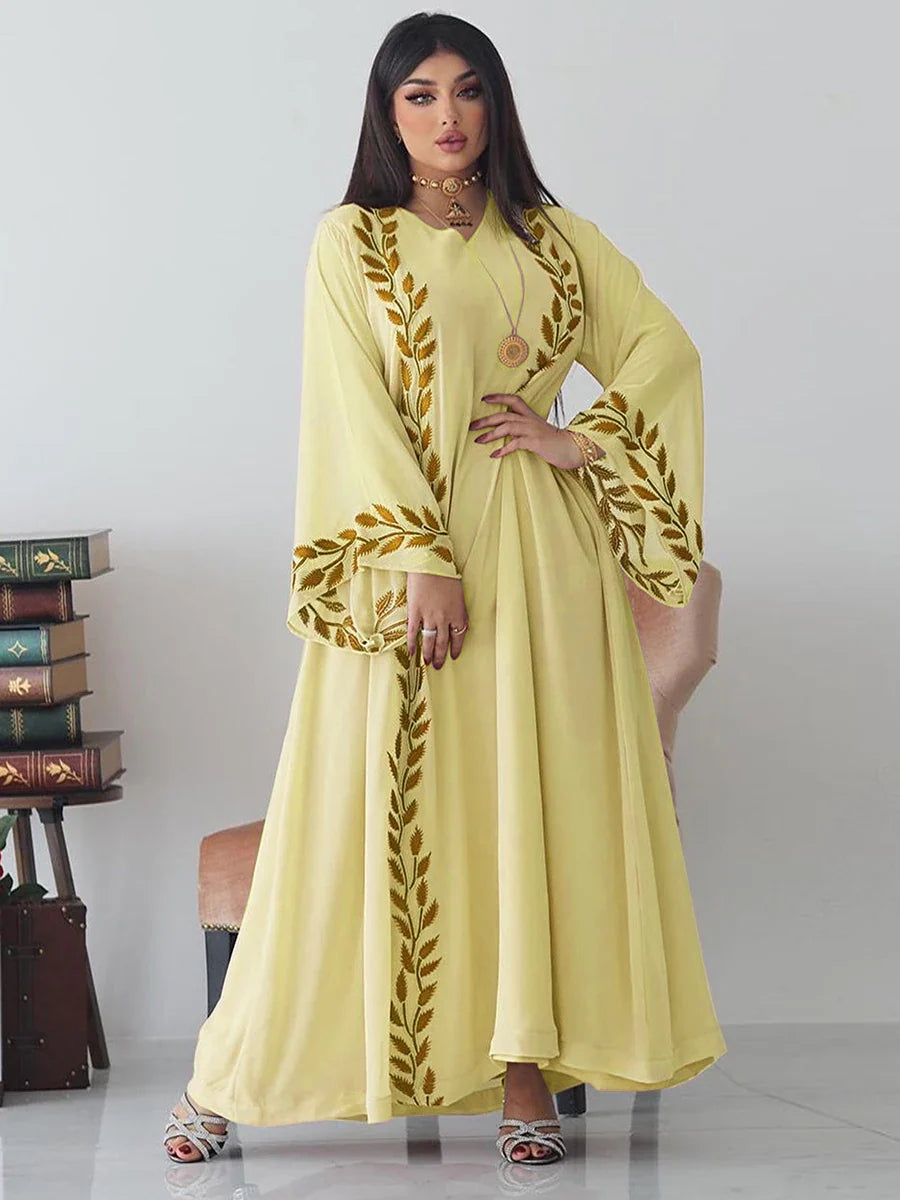 Fashion Chiffon Floral Embroidered Abaya Hijab Dress for Women Pink V Neck Long Sleeve Loose Arabic Muslim Dubai Moroccan Caftan Yellow Dress