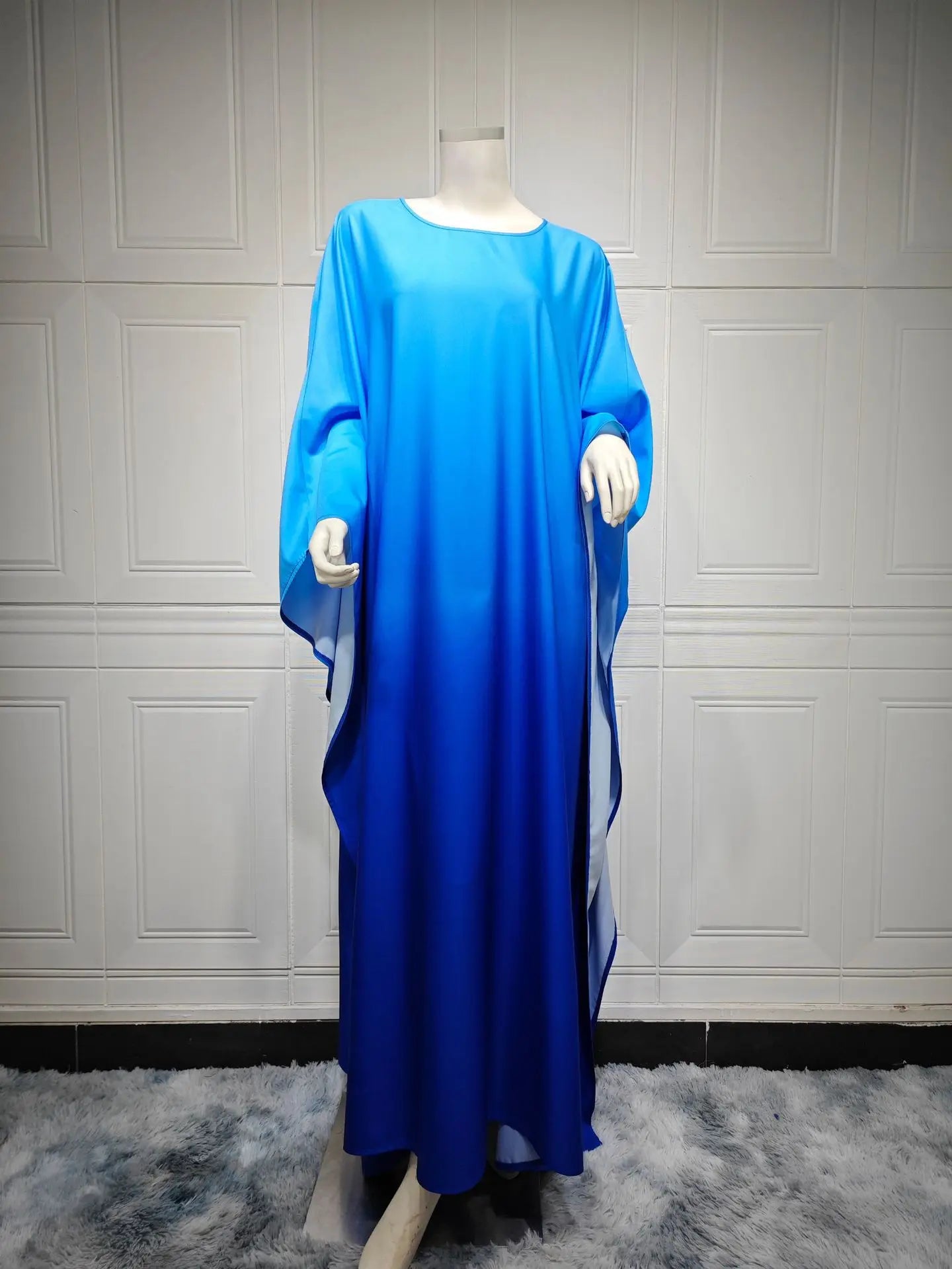 Morocco Eid Party Satin Bat Sleeve Muslim Women Abaya Long Maxi Dress Dubai Turkey Kaftan Arab Gown Islam Vestidos Jalabiya Robe 01 Blue One Size