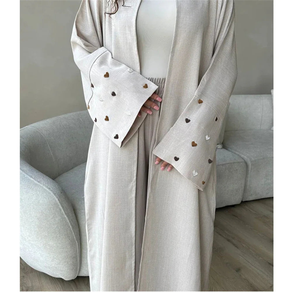 Love Embroidery Open Abaya Kimono Long Maxi Dress Coat Hijab Muslim for Women Islam Modest Clothing Eid Party Turkish Dubai Robe