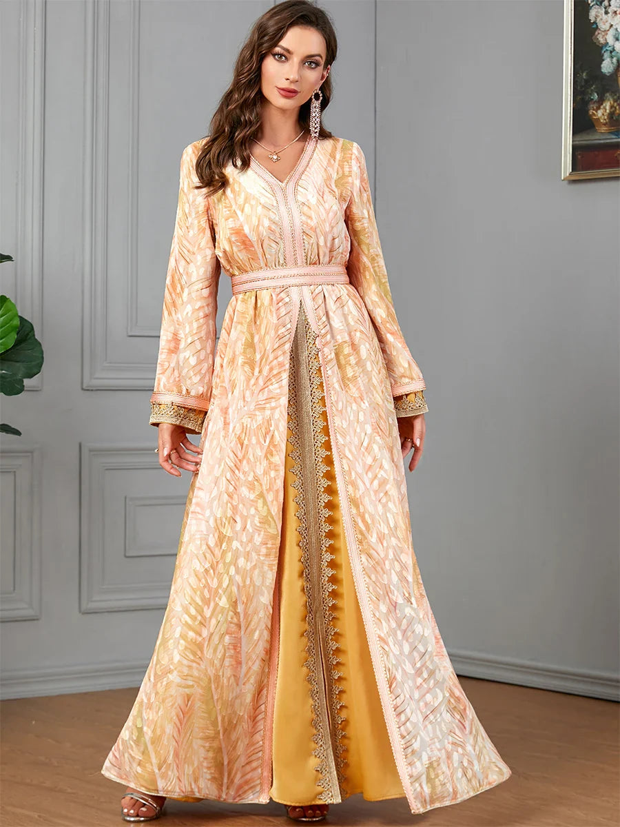 Moroccan Dress Kaftan 2 Piece Abaya Set Evening Robe Printing Full Sleeve V-Neck Islamic Caftan Ramadan Muslim Clothing Yellow Dress