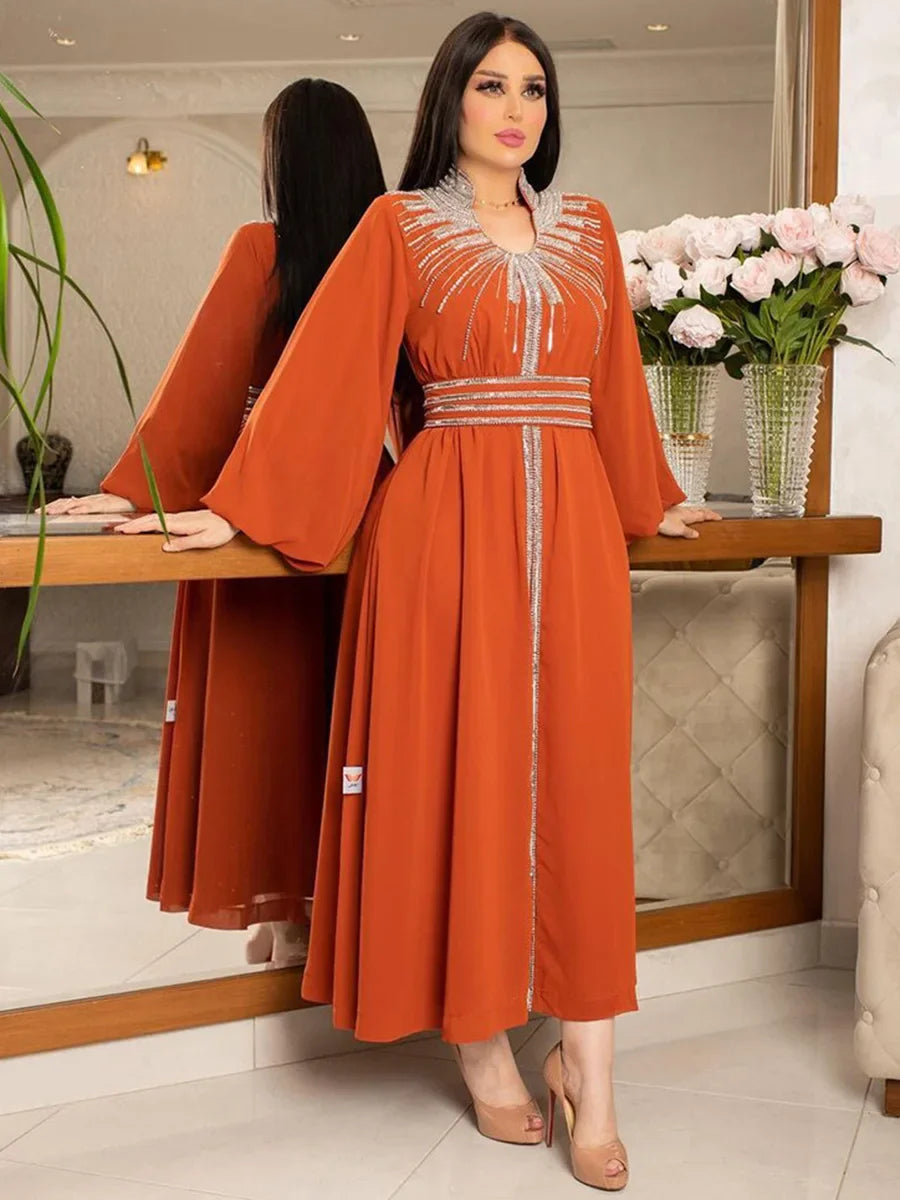 Arab Robe Fashion Middle East Muslim Kaftan Dubai Hot Fix Diamond Party Evening Dresses for Women Notched Stand Collar OrangeDress