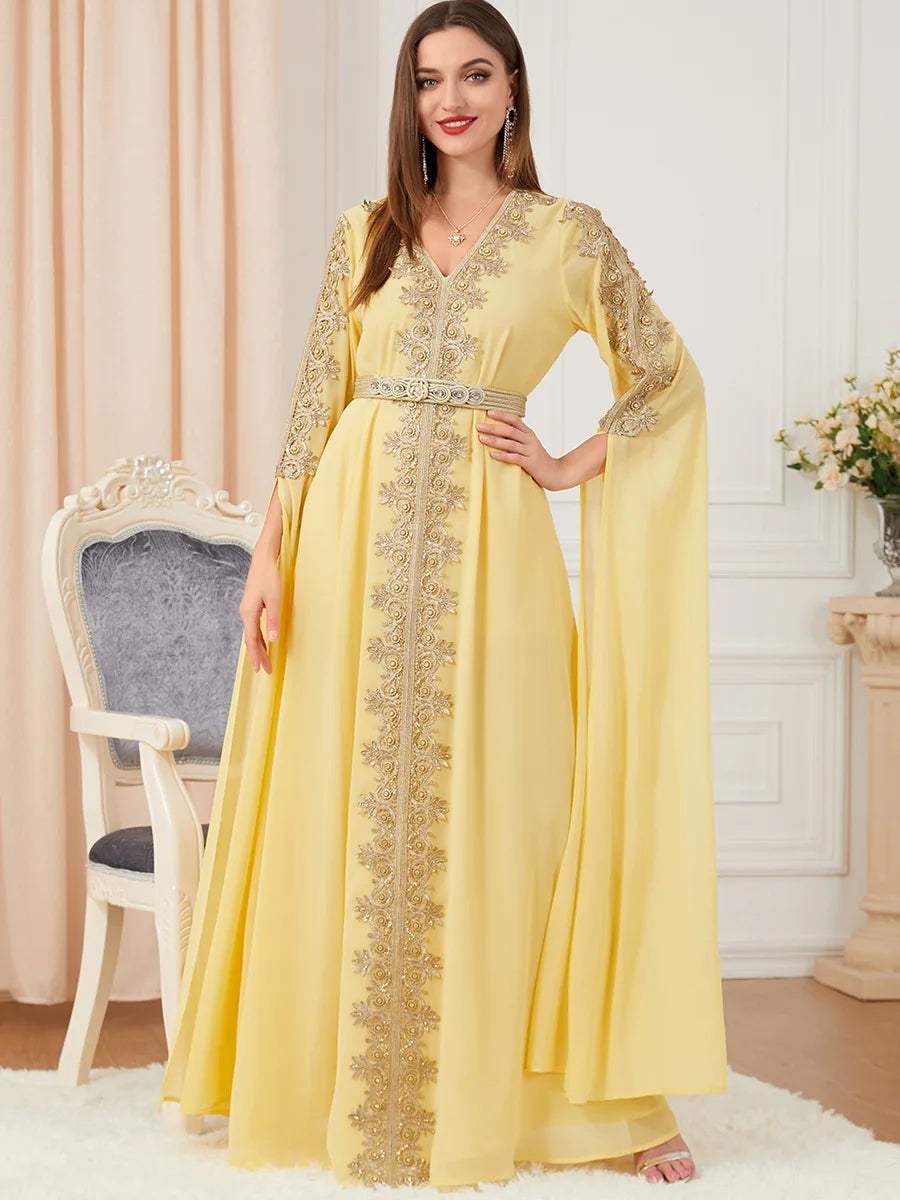 Evening Dresses Long Luxury 2022 Floral Embroidery Lace Panel Belted Chiffon Dress Moroccan Caftan Woman Robe Turkey Abayat