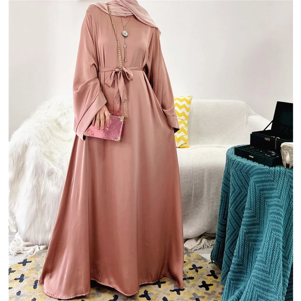 Elegant Shiny Satin Abaya Modest for Women Muslim Eid Dress Ramadan Kaftan Arabic Long Robe Dubai Femme Islamic Jalabiya Vestido 04 pink