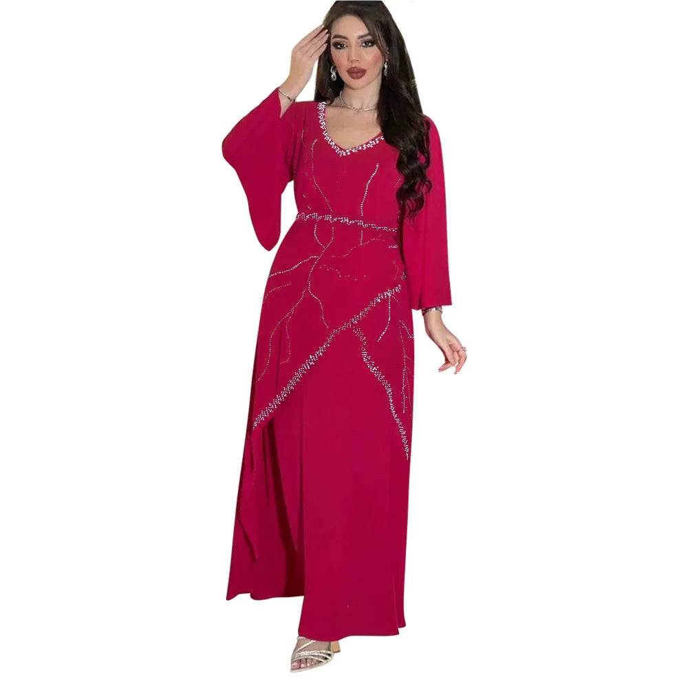 Diamonds Abayas for Women Muslim Evening Party Dress Islam Clothing Arab Robe Saudi Gown Marocain Kaftan Dubai Jalabiya Djellaba 04 Red