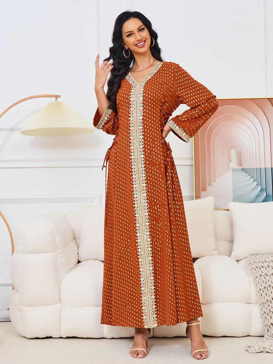 Fashion Gold Stamping Belted Abaya Dubai Islamic Clothing Tape Trim Long Sleeve V-Neck Elegant Women Dress Arab Caftan Light Brown Dress