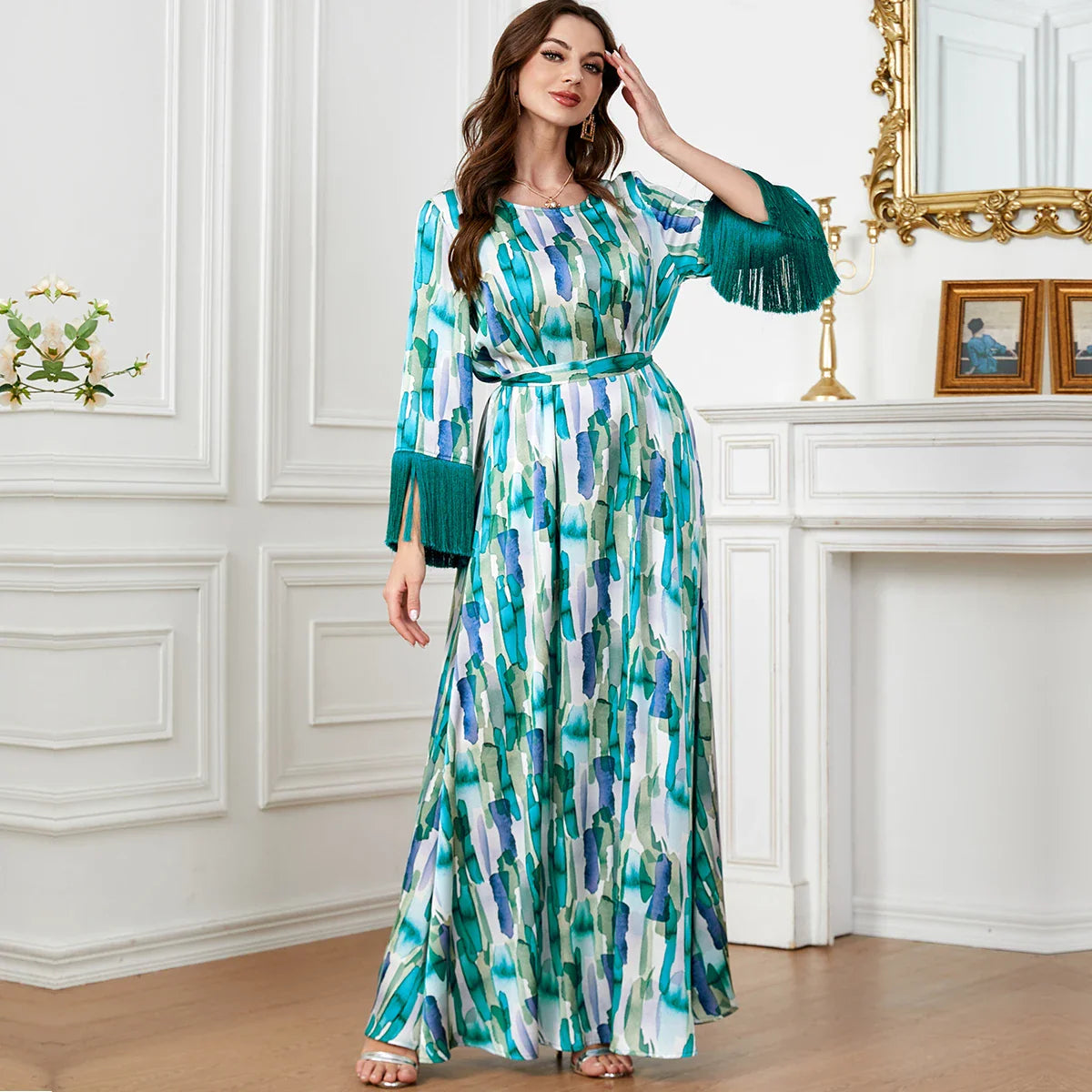 Tassel Maxi Dresses Party Evening Women Abaya Dubai Clothing Turk Muslim Gown Ramadan Eid Hijabi Modest Robe Kaftan (No Scarf) Blue