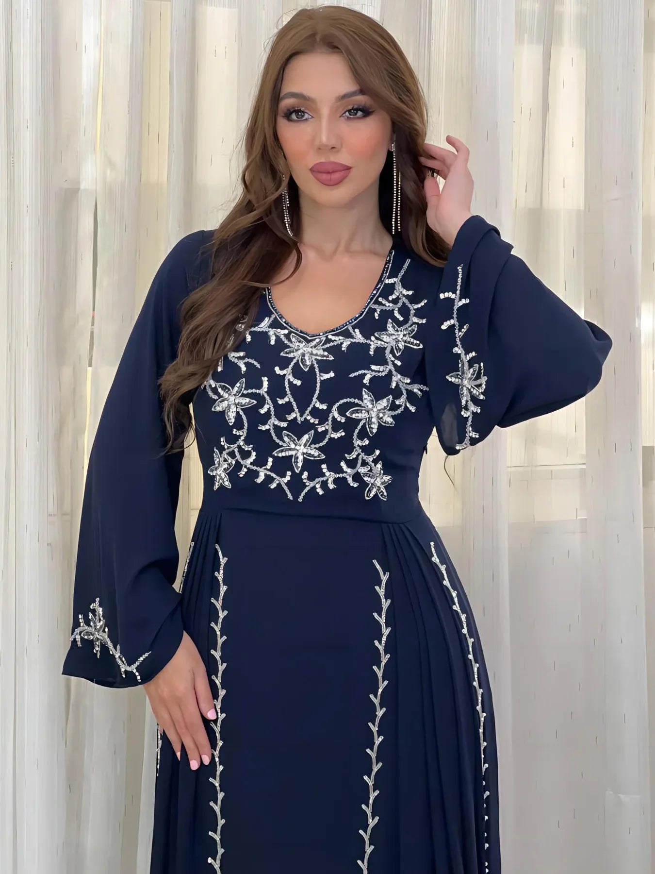 Dubai Embroiled Applique Dress Museum Elegant Party Dinner Robe Abaya Turkey Middle East Caftan For Party Wedding Women Clothing Navy Blue