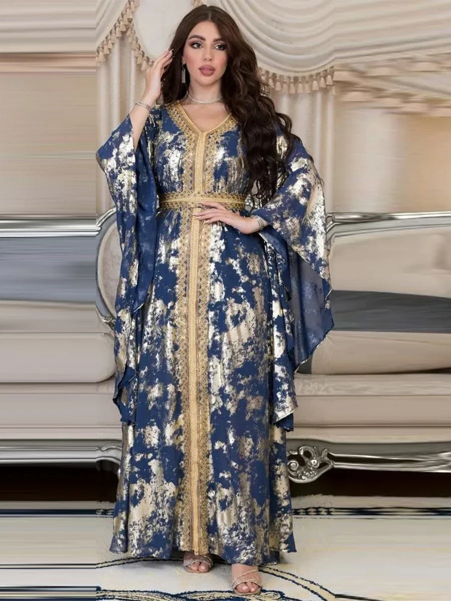 Luxurious Women's Jalabiyat Moroccan Kaftan Abaya Dubai Print V-Neck Guipure Lace Tape Belted Dress Islamic Dresses For Women Blue Abaya