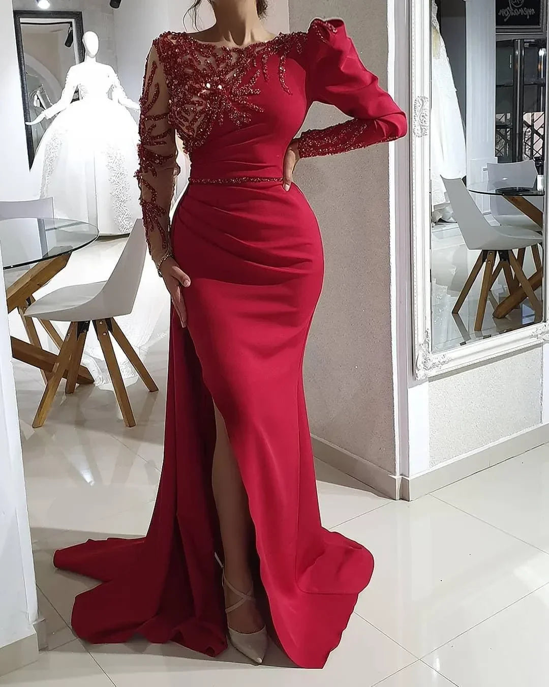 Mermaid Ball Luxury Evening dress Sparkling crewneck decal long sleeve sexy sweep train beaded crystal side slit ladies robe