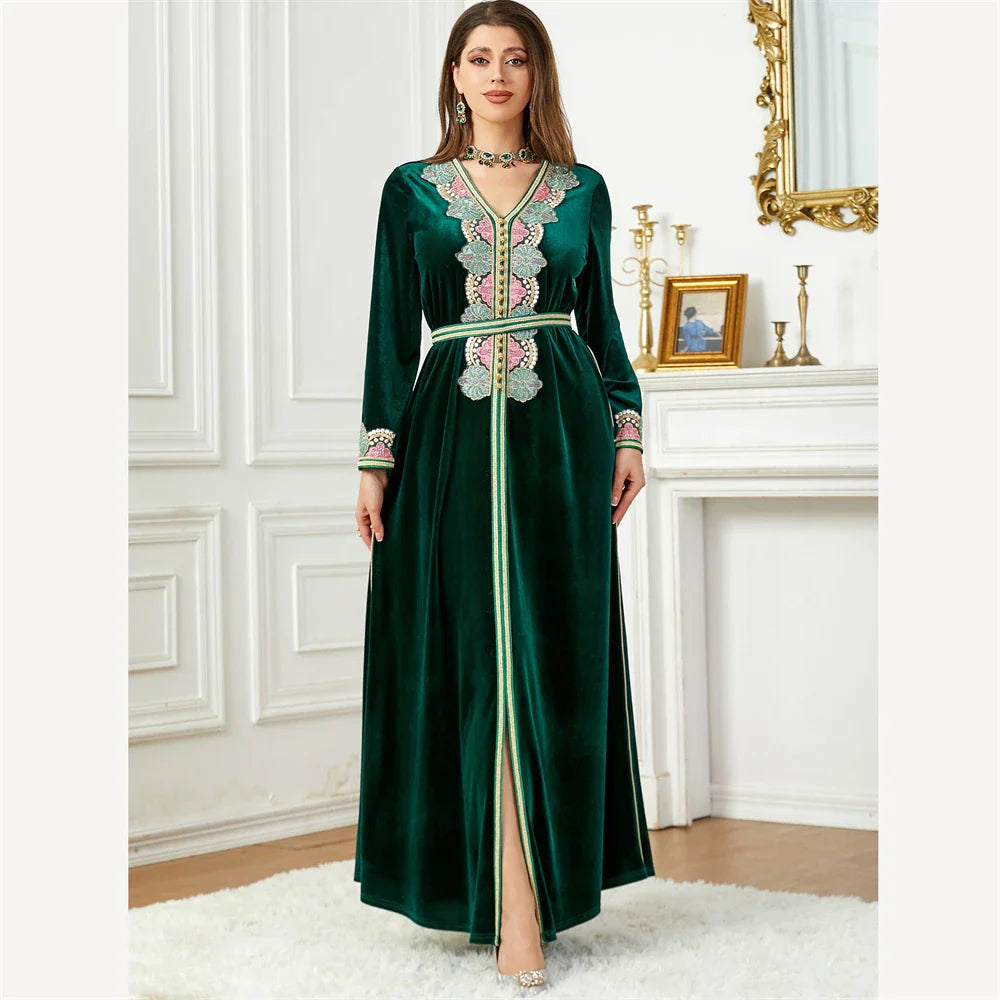 Velvet Autumn Winter Morocco Luxury Muslim Women Abaya V-neck Maxi Dress Turkey Arabic Islamic Kaftan Dubai Evening Party Kaftan 002-3 Dark Green