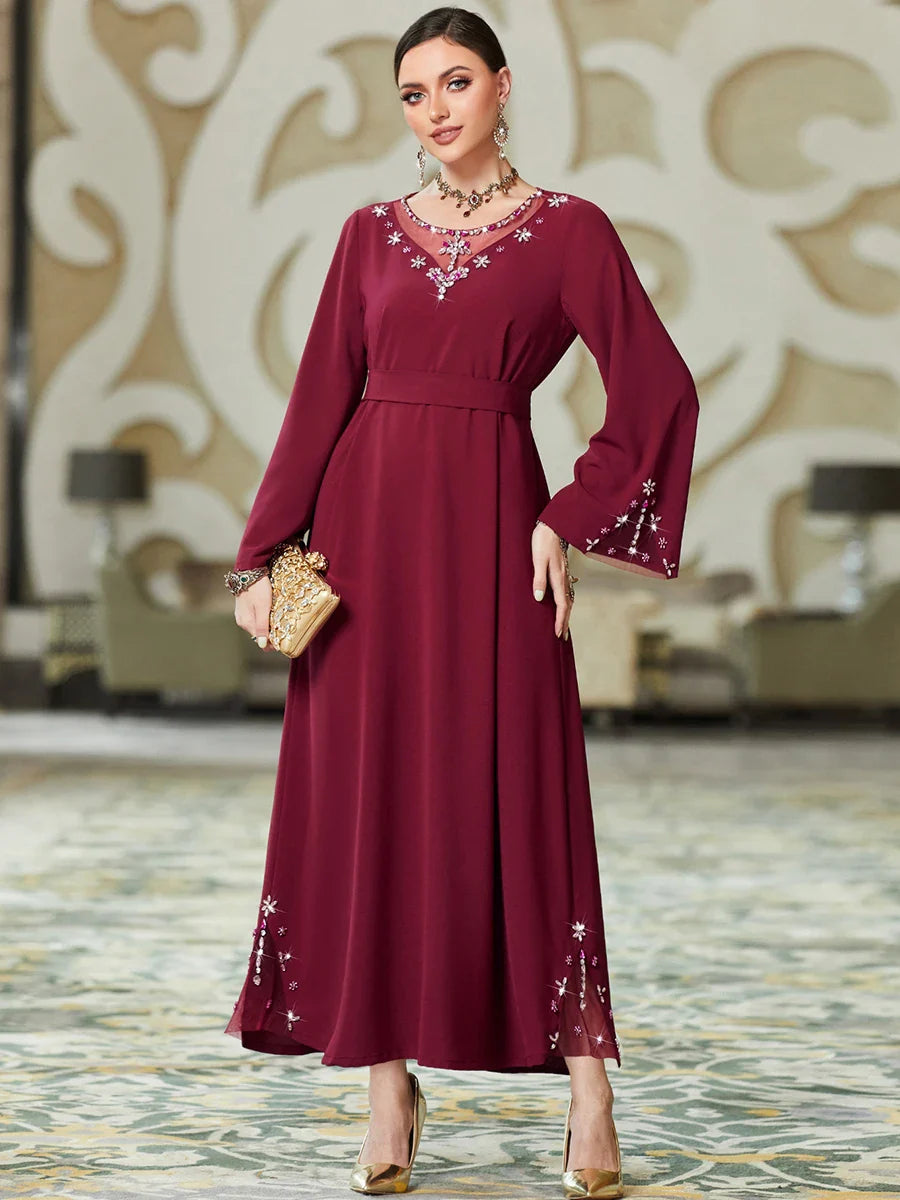 Pure Handwork Rhinestone Red Long Dress For Muslim Women Chic Hollow Out Full Sleeve Belted Dubai Moroccan Robe Burgundy Dress