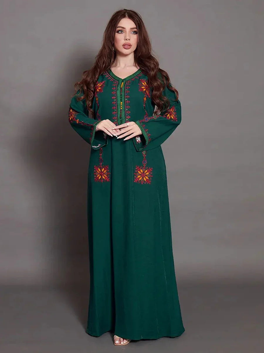 Arabic Dress For Women 2023 Moroccan Dubai Africano Abaya Solid Embroidery Full Sleeve Loose Ramadan Muslim Femme Robe Green Dress