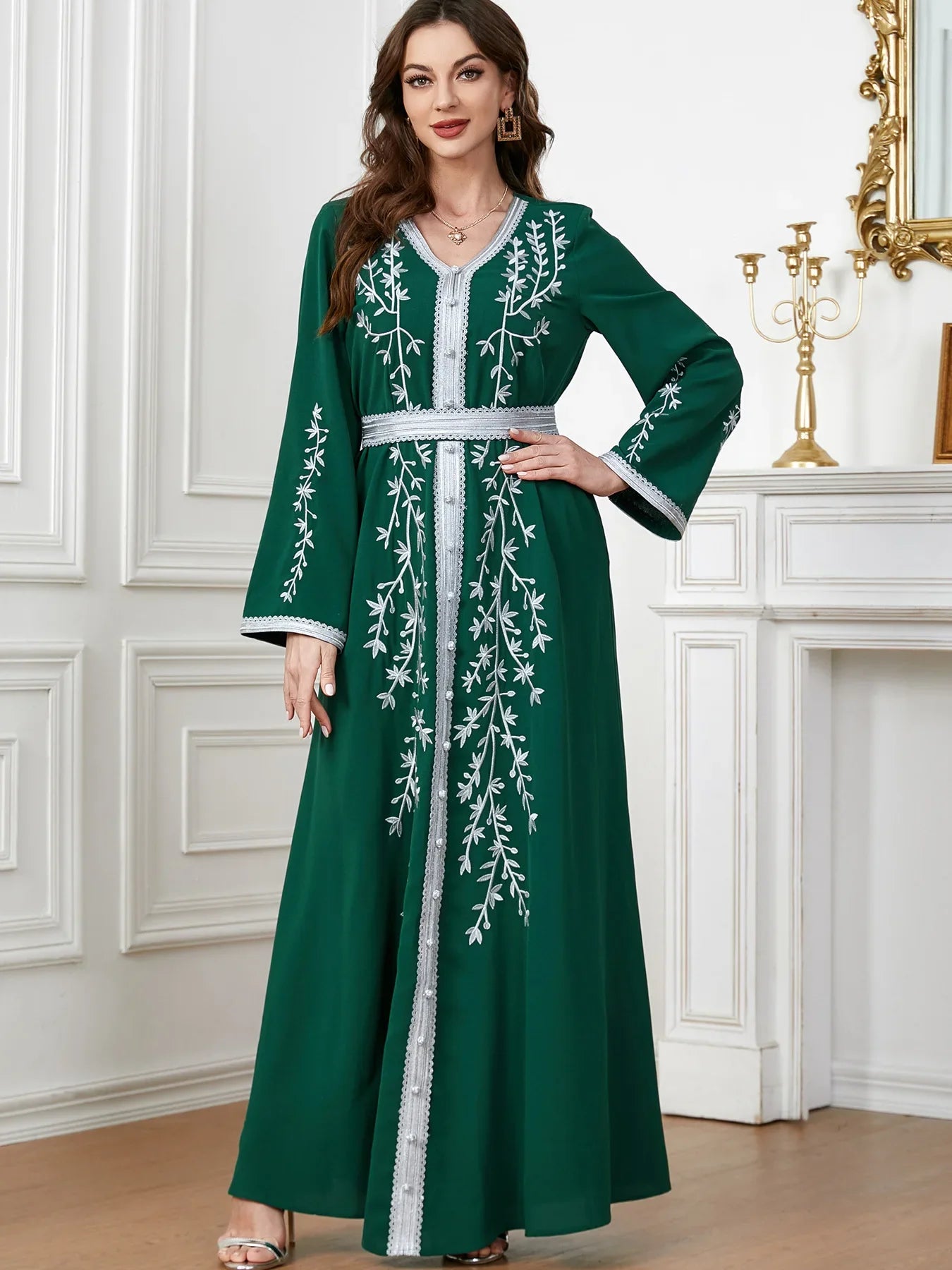 Eid Mubarak Muslim Embroidery Abayas For Women Maxi Dress Turkey Arabic Islam Moroccan Evening Party Jalabiya Caftan Gown Kaftan Green