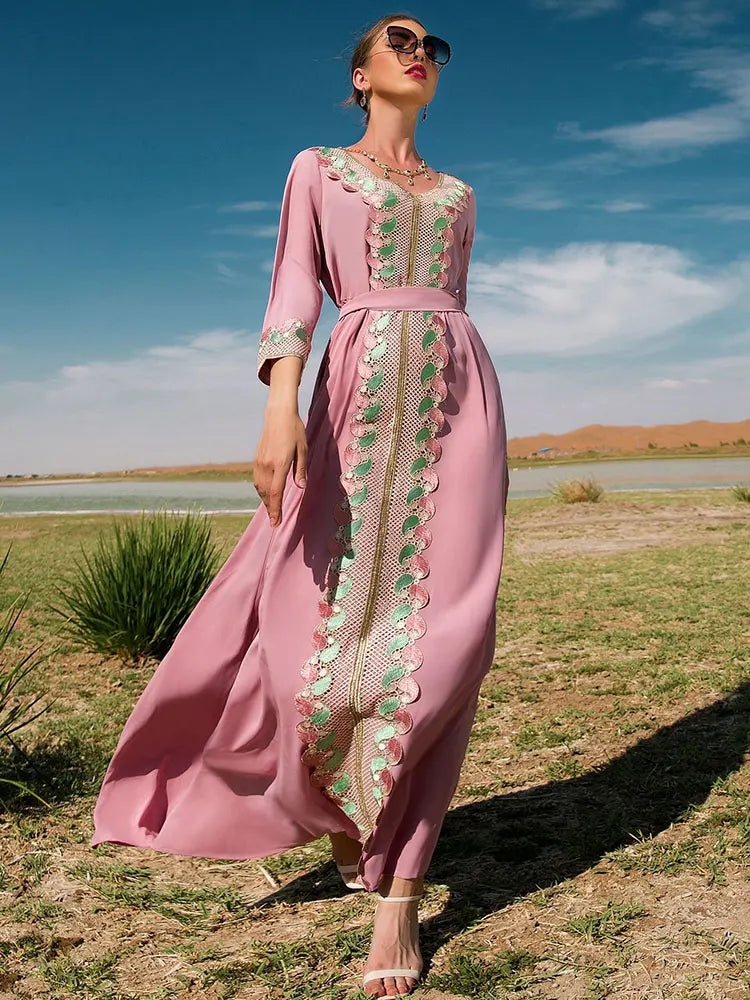 Kaftan with Lace Embroidery Abaya Women Vintage Muslim Party Long Dress Moroccan Kaftan Dubai Gulf Abayas Arabian Evening Gown dustypink kaftan