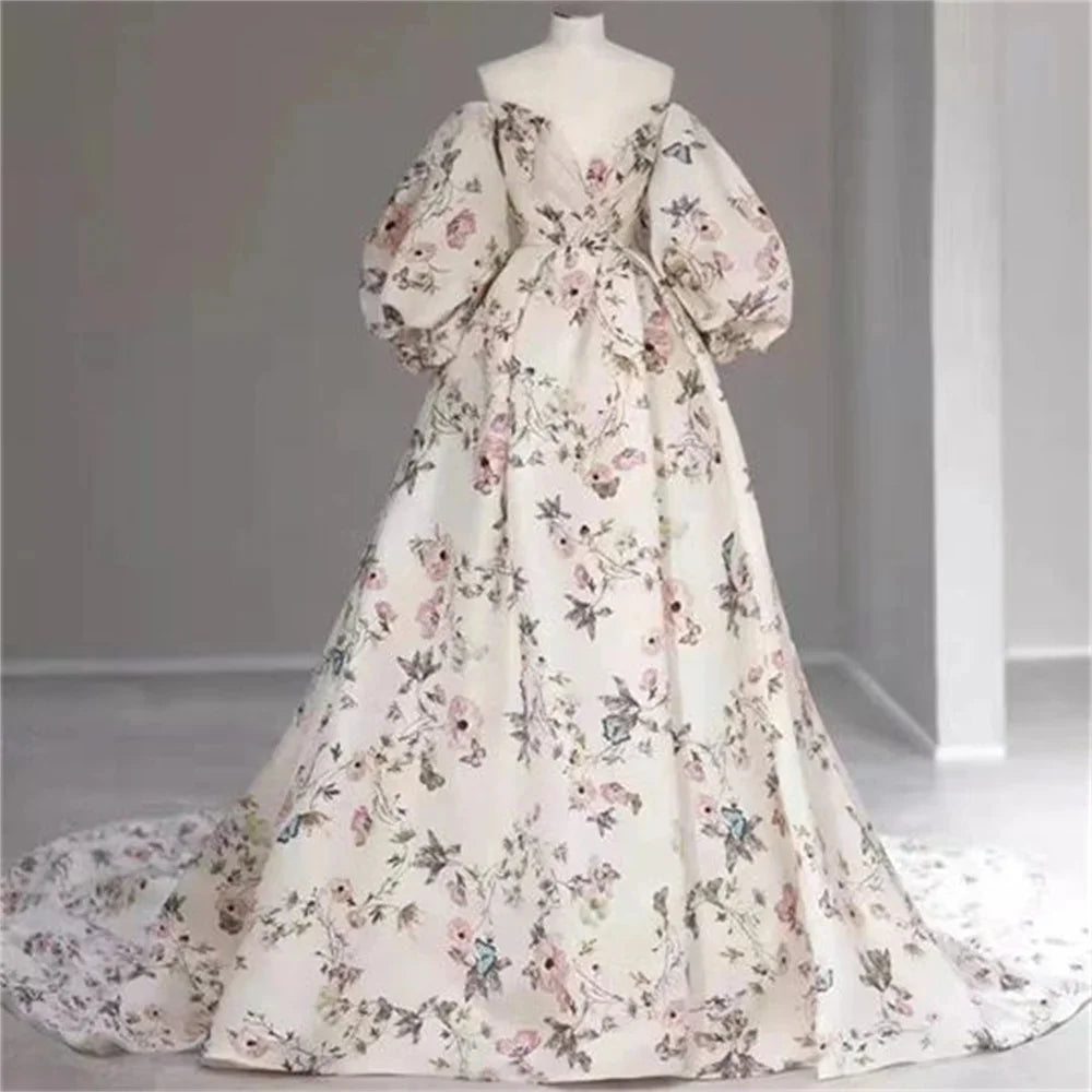 White Floral Print Prom Dress A-line Satin Wedding Dresses Elegant Puffy Sleeves Side Split Long Train Vestidos De Fiesta as pic