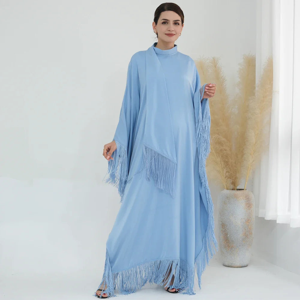 Kaftan Dress Moroccan Caftan Muslim Women Islamic Clothing Dubai Turkish Abaya Tassel Evening Party Ramadan Eid Arabic Robe Sky Blue