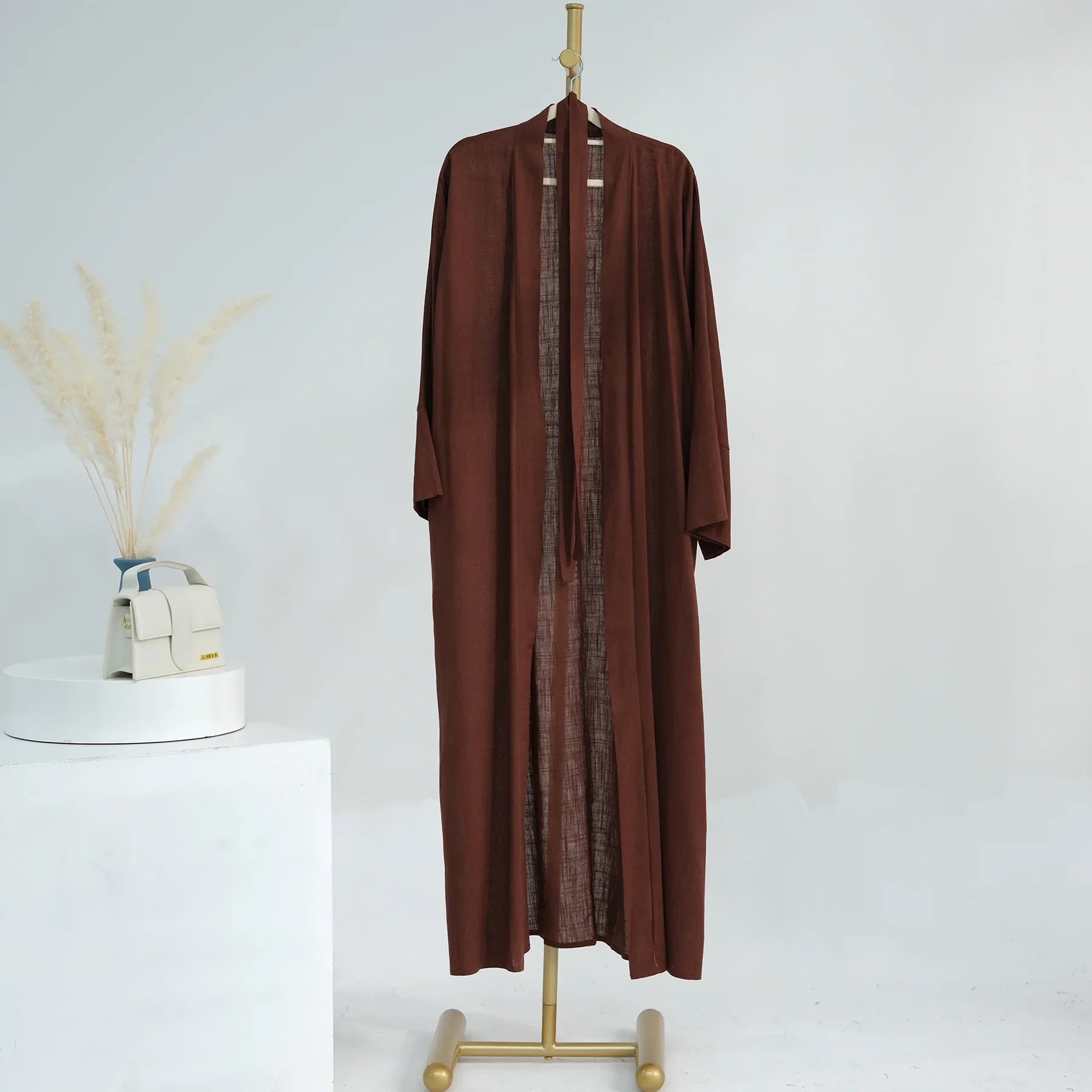 Eid Ramadan Muslim Women Cotton Linen Open Abaya Kimono Long Maxi Dress Turkey Dubai Islamic Arab Robe Cardigan Jalabiya Caftan 02 Only Coffee Abaya