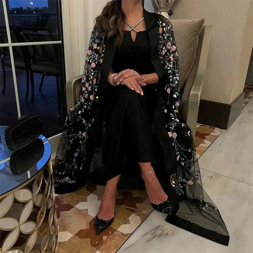 Black Satin Prom Dresses Two Layers A-line Evening Dress Elegant Detachable Shawl Satin Family Gather Vestidos De Fiesta