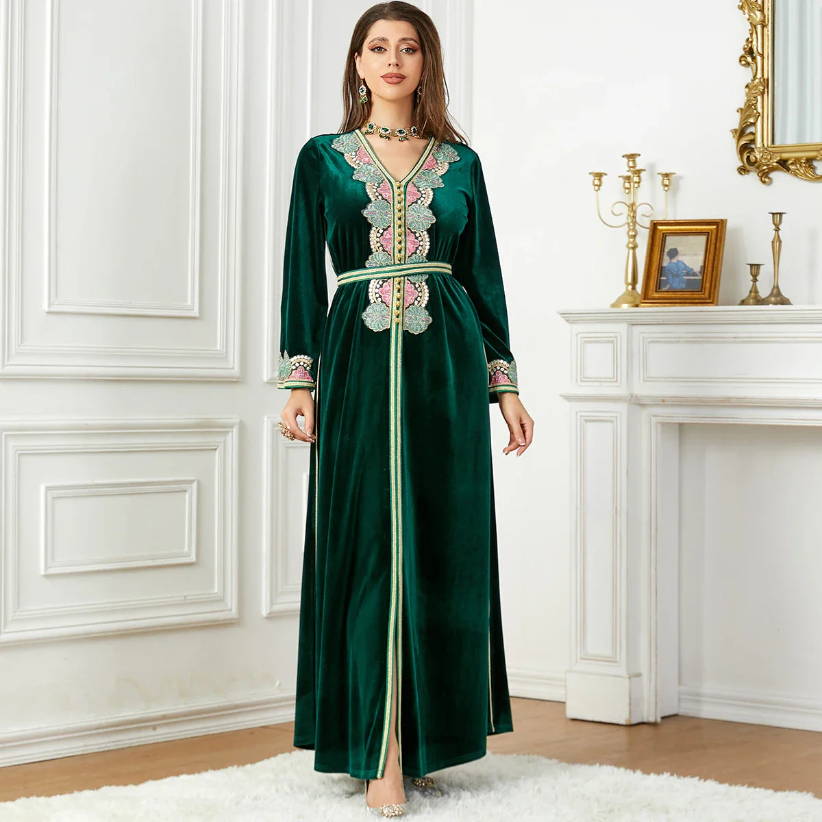 Winter Abaya Floral Appliques Velour Belted Arabic Dress Dubai Moroccan Islam Clothing Evening Party Muslim Women Kaftan Ramadan Green