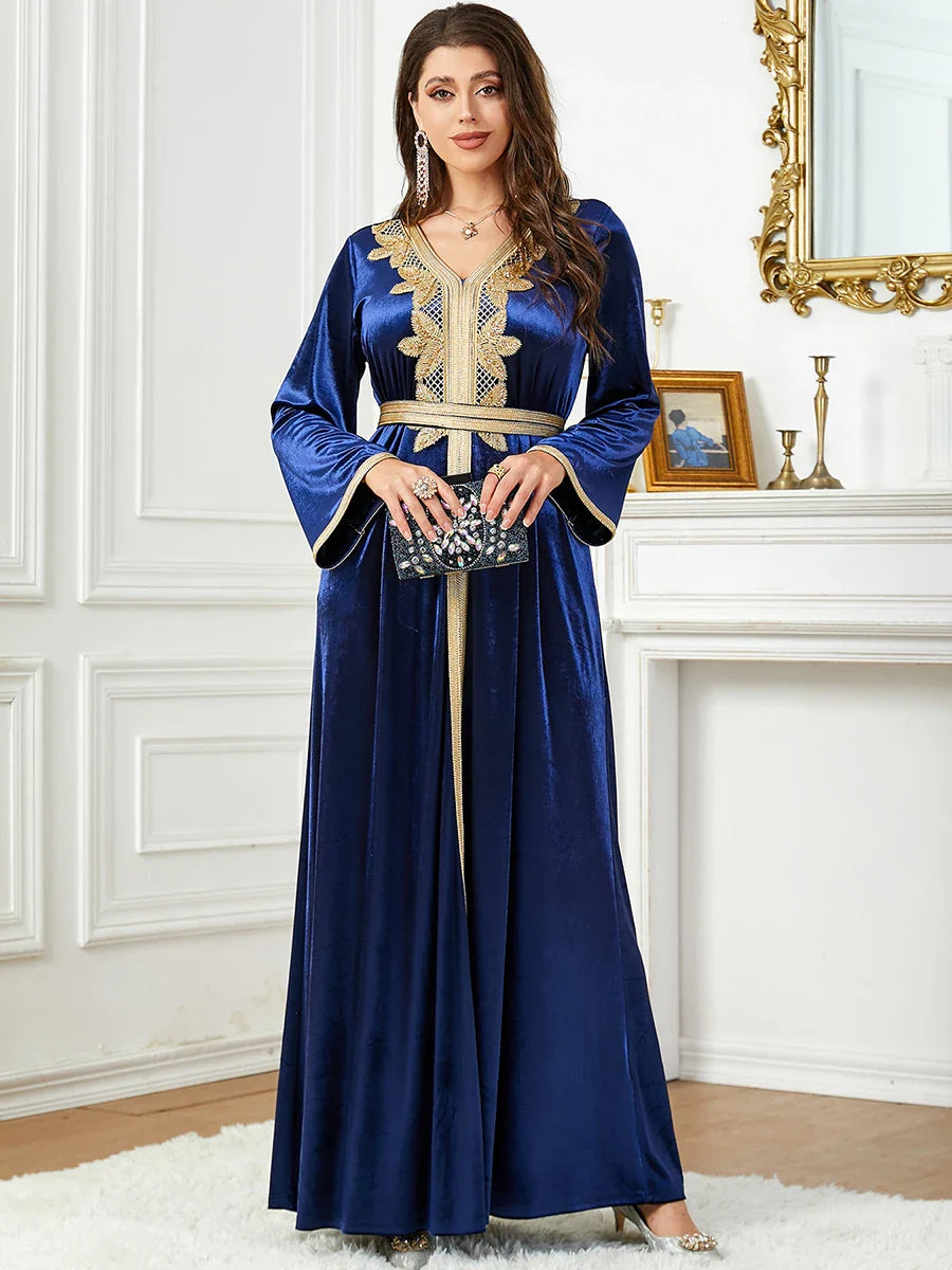 Velvet Autumn Winter Solid Evening Dress Jalabiyat Turkish Saudi Long Sleeve V-Neck Belted African Moroccan Abaya Royal Blue Dress