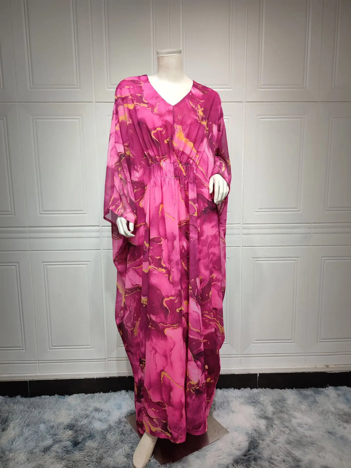 Marble Print Chiffon Caftan Beach Style Dubai Gulf Desert Kaftan Abaya Islamic Clothing Muslim Women Dress Party Evening Roseate