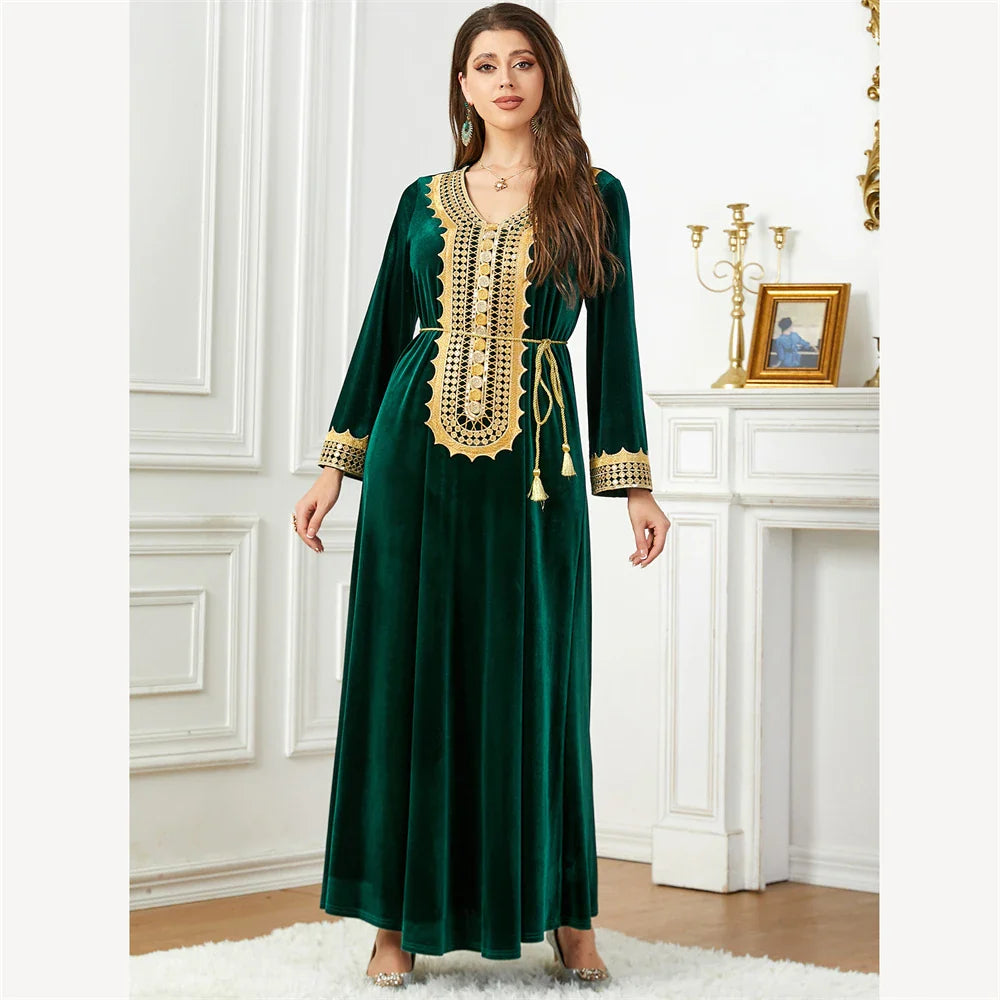 Velvet Autumn Winter Morocco Luxury Muslim Women Abaya V-neck Maxi Dress Turkey Arabic Islamic Kaftan Dubai Evening Party Kaftan 005-2 Dark Green