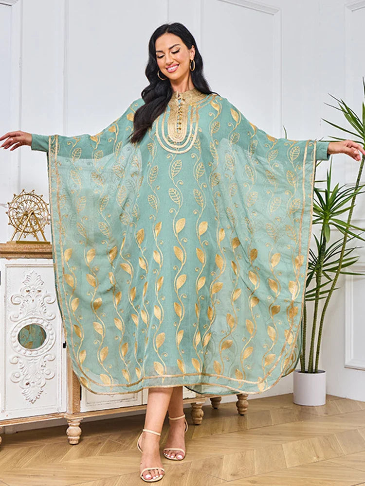 Leaf Embroidered Moroccan Kaftan Dress Dubai Kuwaiti Jalabiya Evening Party Islamic Caftan 2 Piece Set Ramadan Eid Muslim Abaya