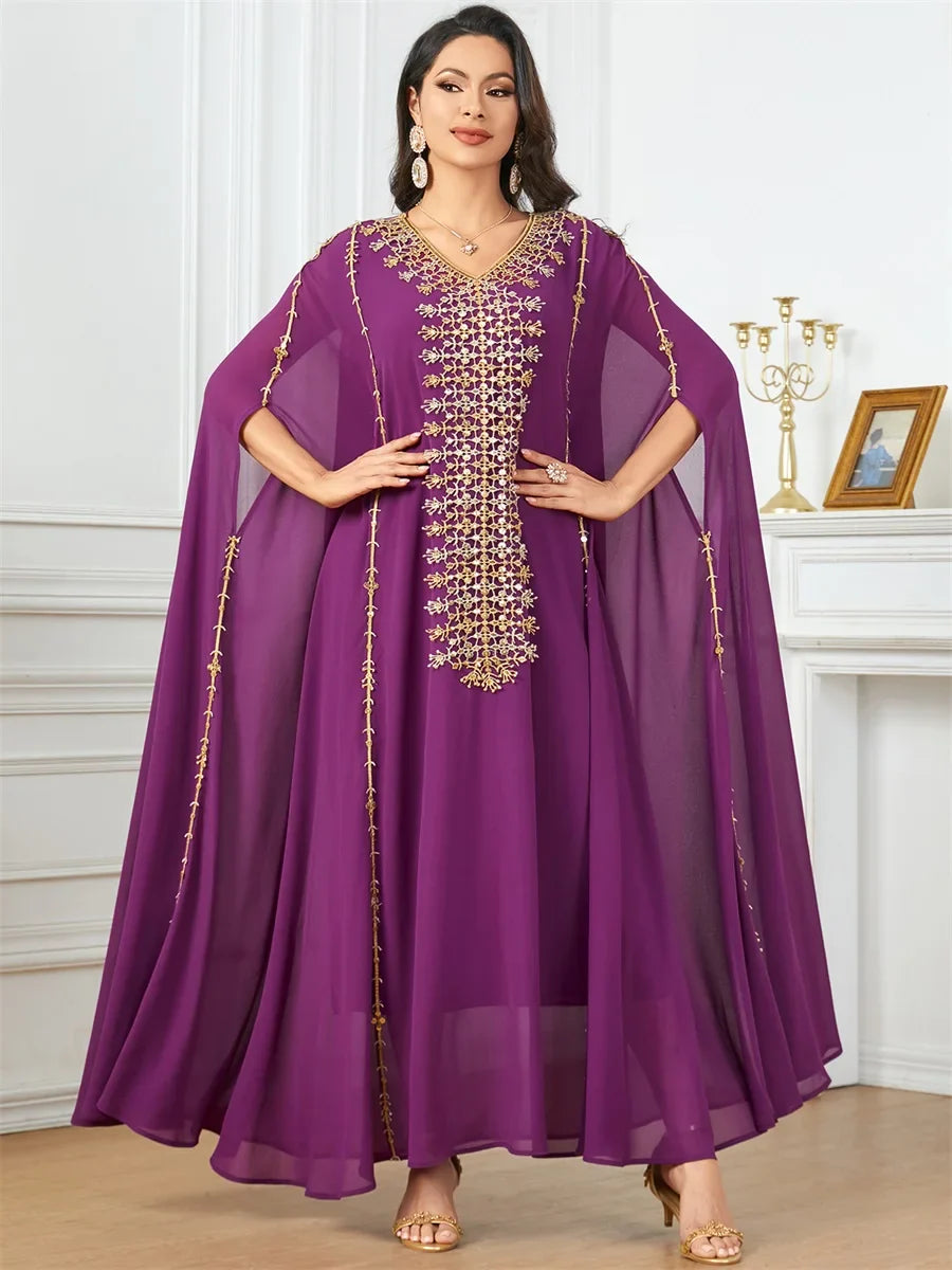 Fashion Elegant Solid Appliques Party Long Dresses Moroccan Kaftan Islam Clothing Turkish African Abayas Super Sleeve Purple Dress One Size