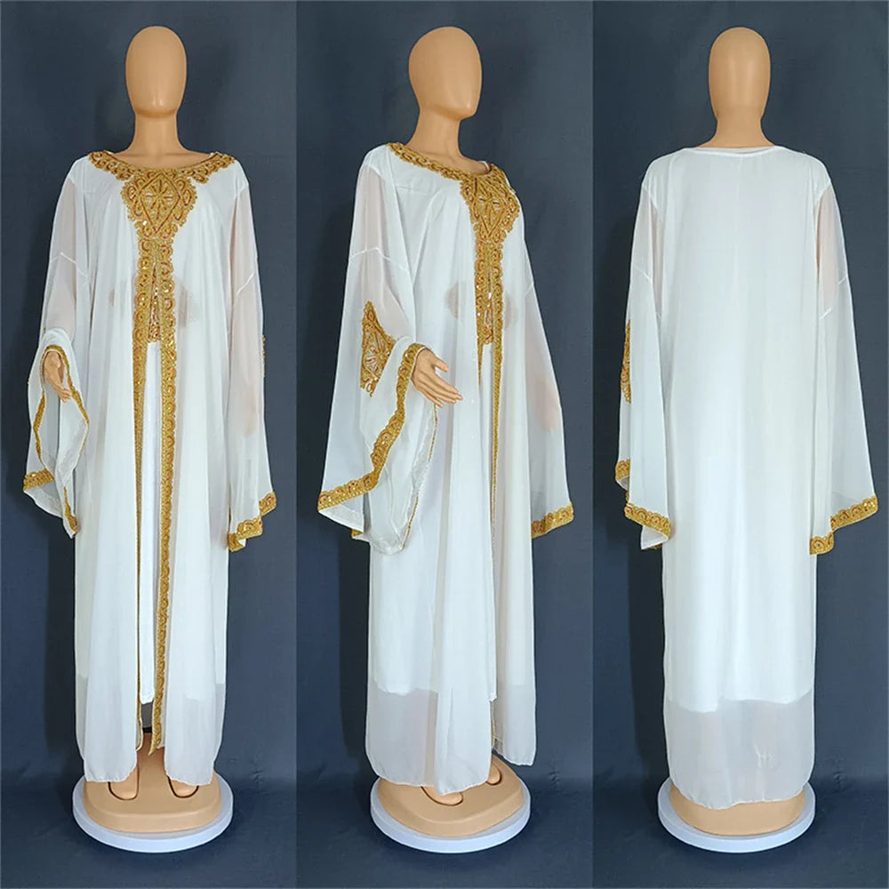 Two Piece Set Dress African Dresses for Women 2024 Traditional Gold Embroidery Clothing Islam Kaftan Abaya Musulman Robe Femme 01 White One Size