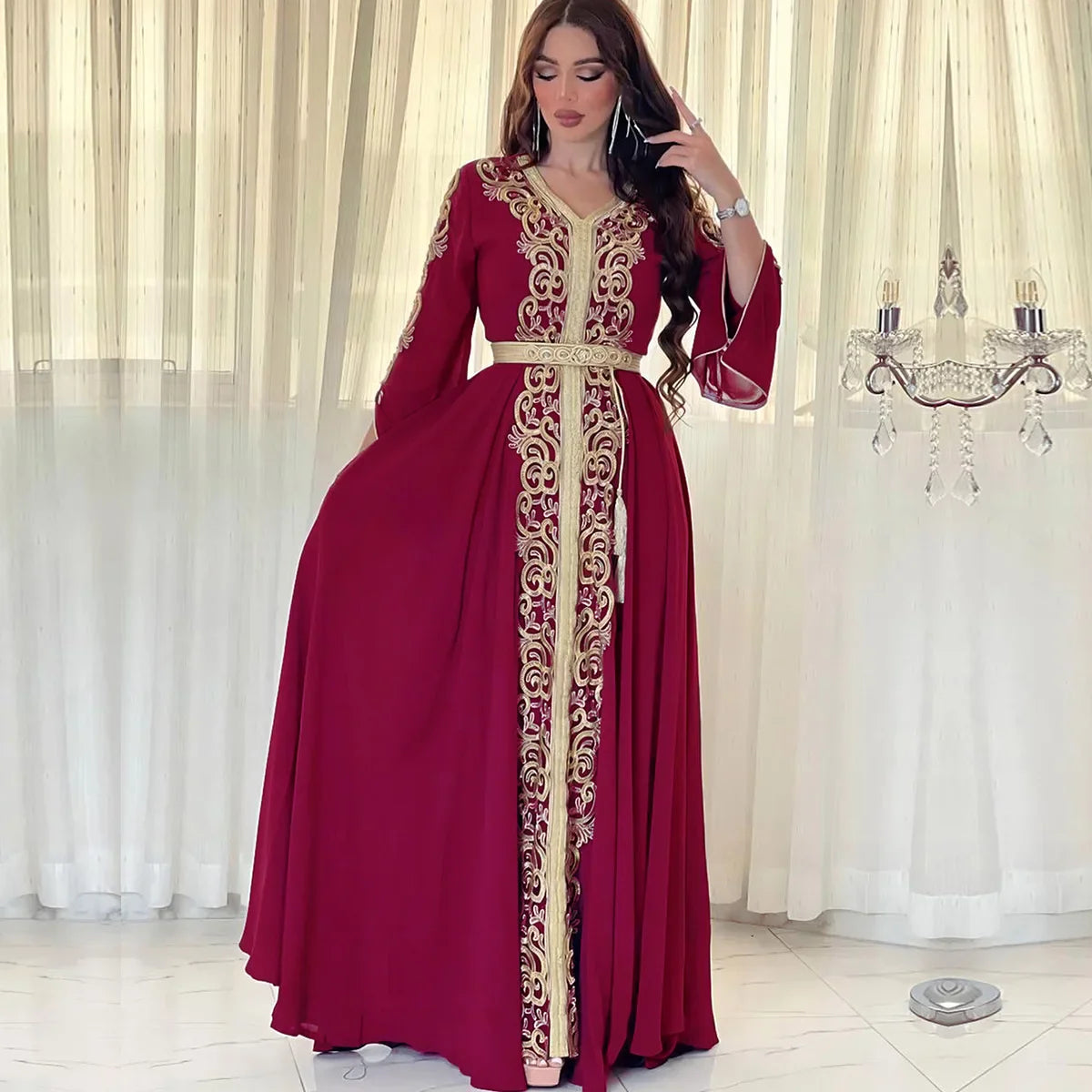 Dubai Women Abaya Caftan Kaftan Ramadan Gurban Festival Arab Embroiled Decal Dress Museum Party Dinner Robe Wedding Kaftan Wine