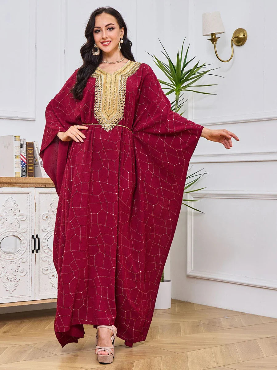 Fashion Long Dress Dubai Abayas For Female Beading Batwing Sleeve V-Neck Belted Clothing Elegant Muslim Costumes Woman Red Dress