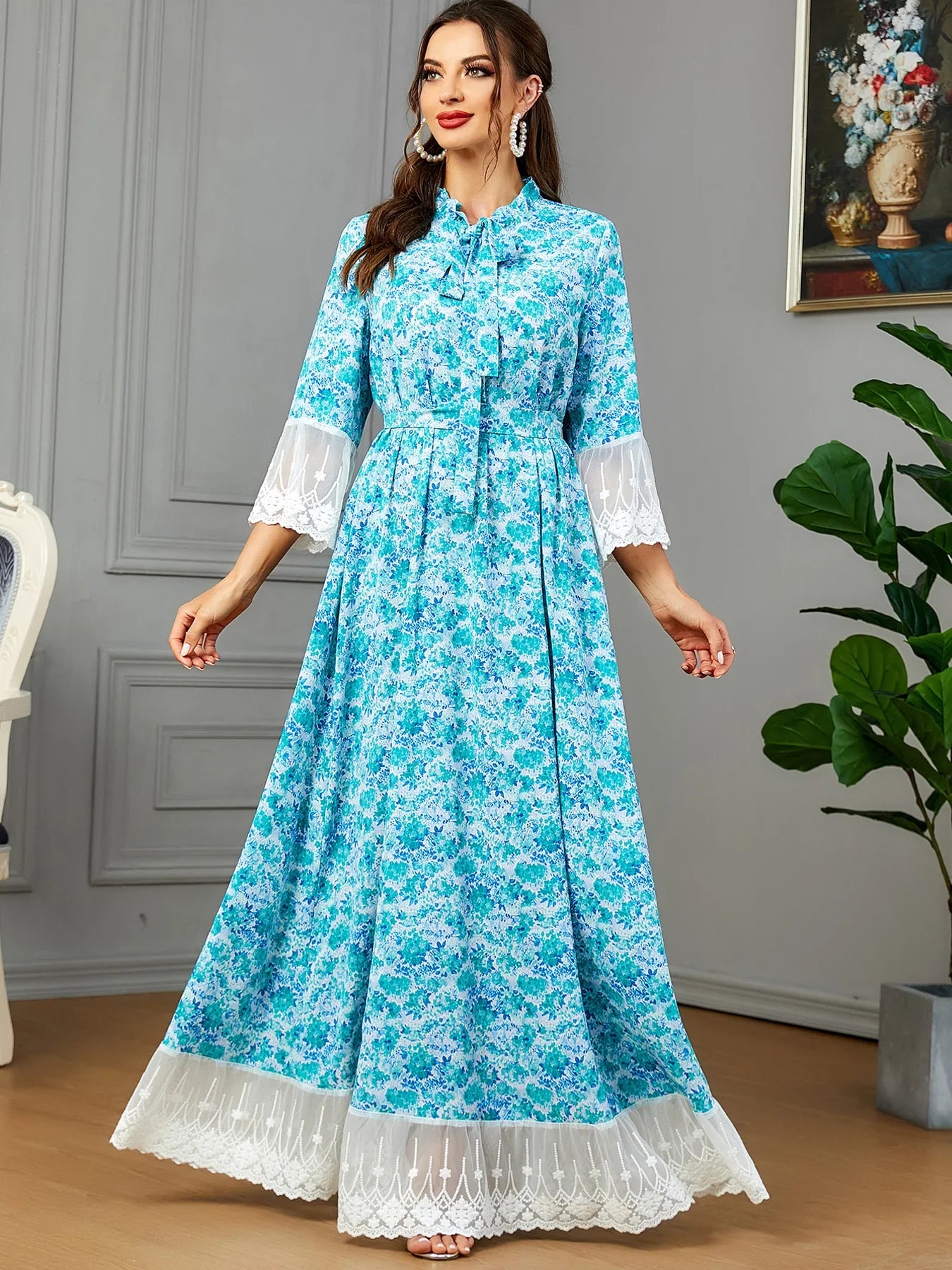 Floral Print Women' Long Dress Tie Front Ruffles Collar White Embroidered Lace Trimming Sweet Style Party Evening Robe Hijabi Blue