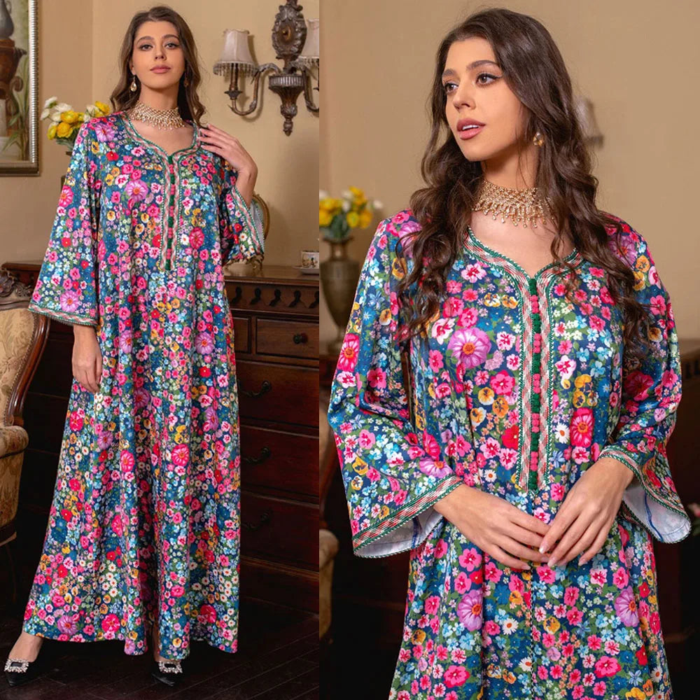 Moroccan Jalabiya 2024 Women Abaya Muslim Hijab Dress Vintage Floral Print Kaftan Ramadan Dubai Modest Dresses Party Arabic Gown