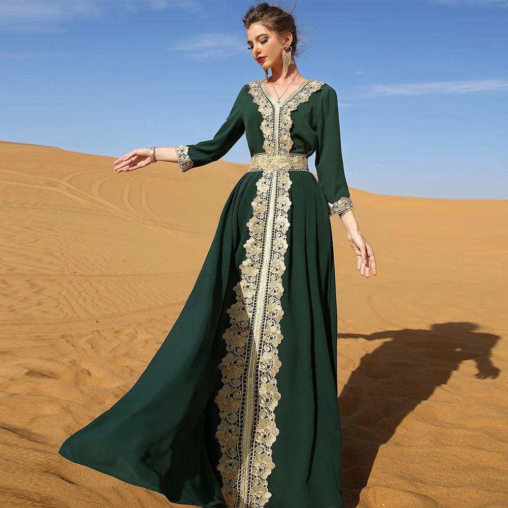 Vintage Women Long Dress Ethnic Abaya Embroidery Lace Arabic Muslim Islamic Clothing Kaftan Turkey Middle East Ramadan Jalabiya Green