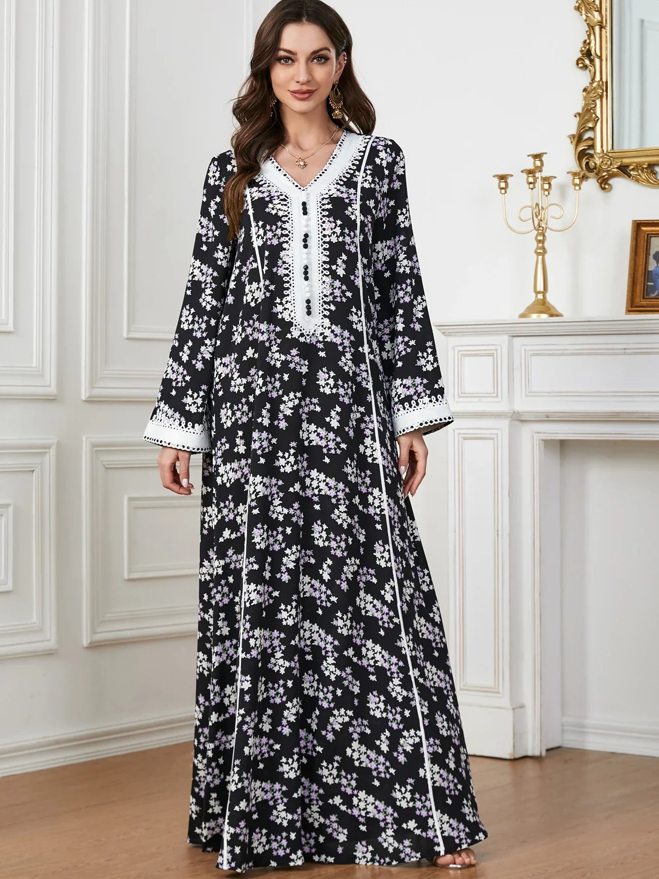 Floral Print Black Jalabiya Oriental Dress Islamic Clothing Muslim Abaya Ramadan Eid Dubai Turkish Hijabi Robe (No Scarf)