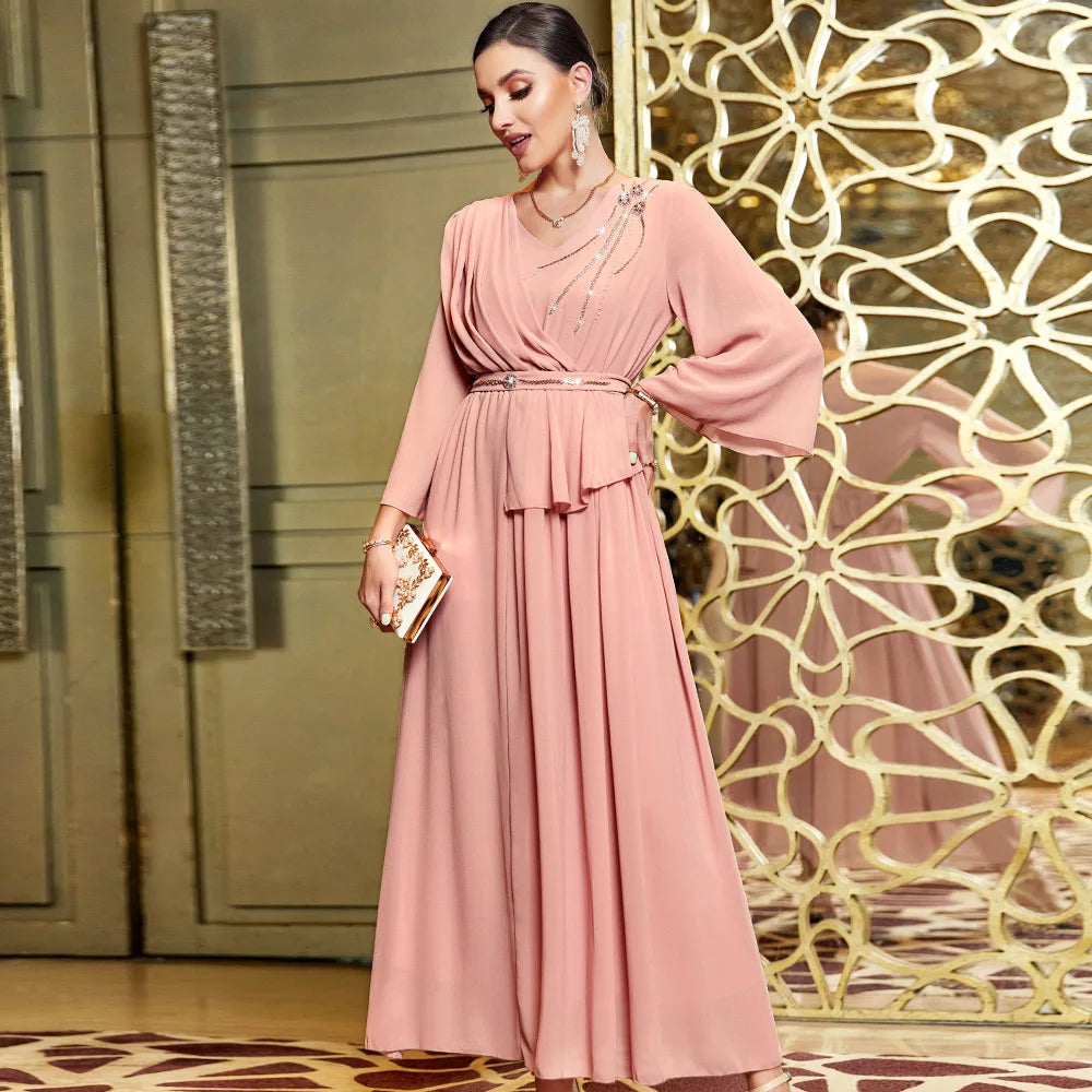 Elegant Caftan Women Lace Embroidery Muslim Abaya Maxi Dress Dubai Turkey Arabic Kaftan Islam Moroccan Party Evening Gown Kaftan ESC142Pink