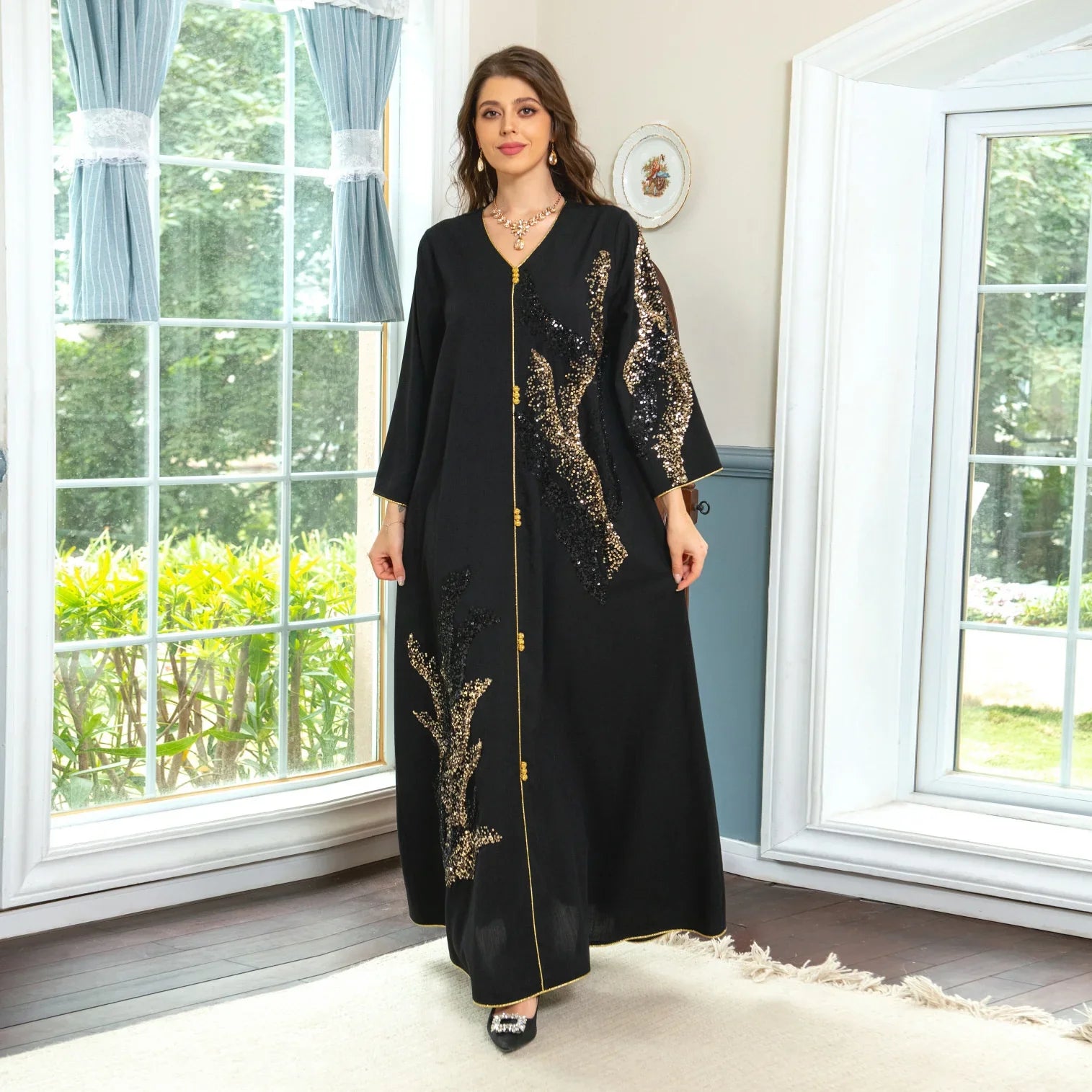 Ramadan Long Dress Moroccan Caftan 2023 Women's Spring Summer Big Swing Sexy High Waist Tassel Splice Chiffon Evening Dress black-1