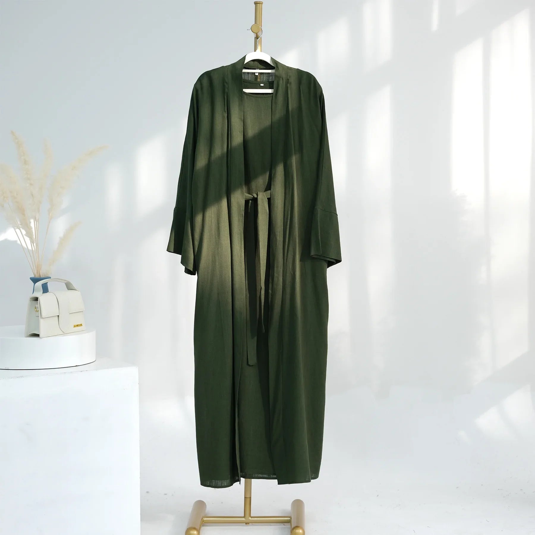 Eid Ramadan Muslim Women Cotton Linen Open Abaya Kimono Long Maxi Dress Turkey Dubai Islamic Arab Robe Cardigan Jalabiya Caftan 07 Only Green Abaya