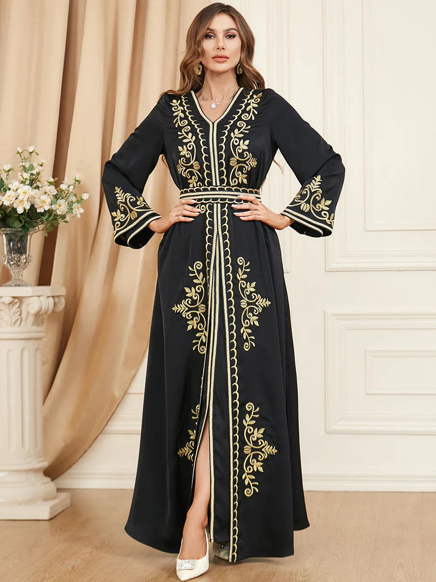 Fashion Ethnic Muslim Woman Abaya 2 Piece Set Moroccan Caftan Solid Embroidery Full Sleeve V-Neck Sashes Turkish Robe Black Dress